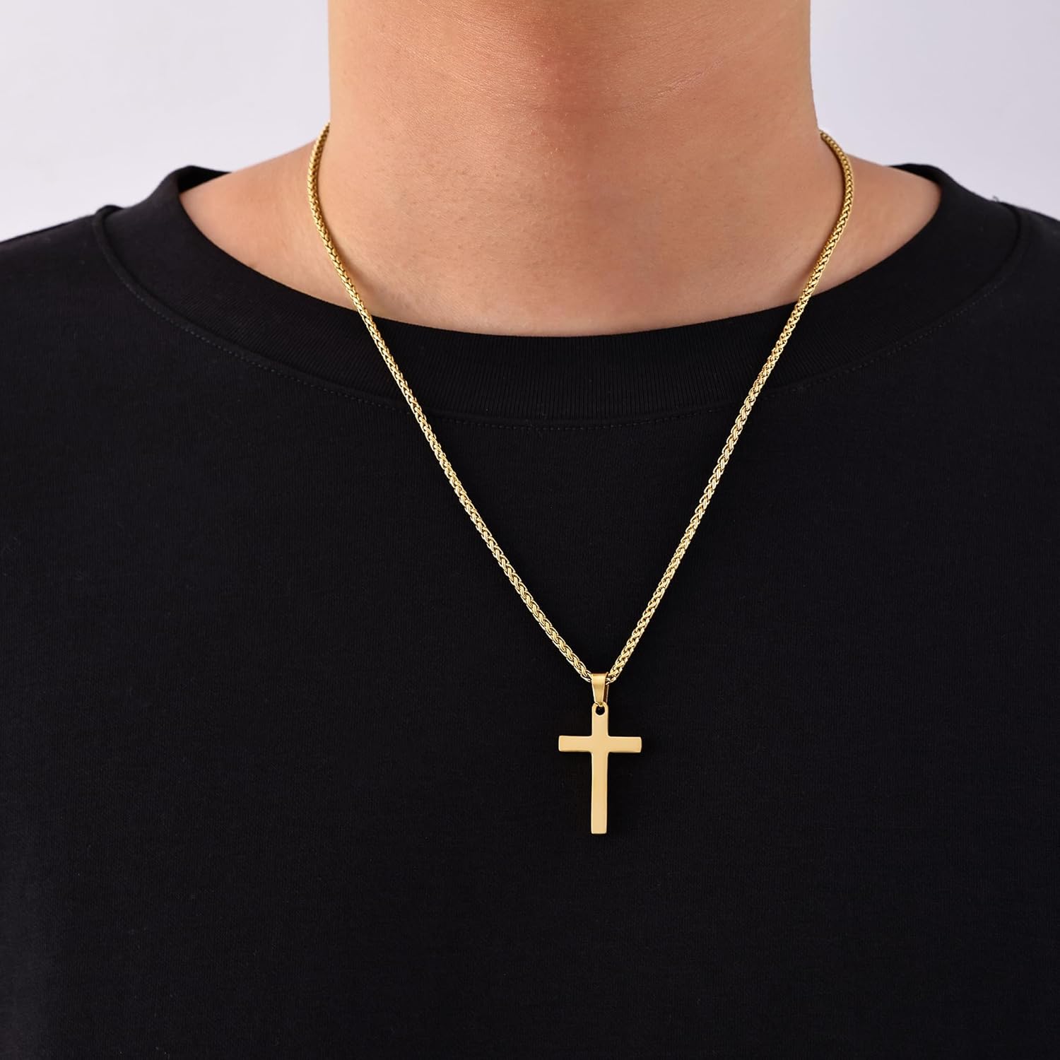 Fiusem Cross Necklace for Men, Silver Tone/Gold Plated/Black Mens Cross Necklaces with 2.5mm Chain, Stainless Steel Wheat Chain, 16-24 Inch - Image 2