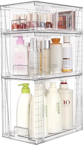 Miniatura 4 de Vtopmart Paquete de 6 cajones de almacenamiento apilables transparentes, organizadores de baño fáciles de montar y almacenamiento con asas, cajones