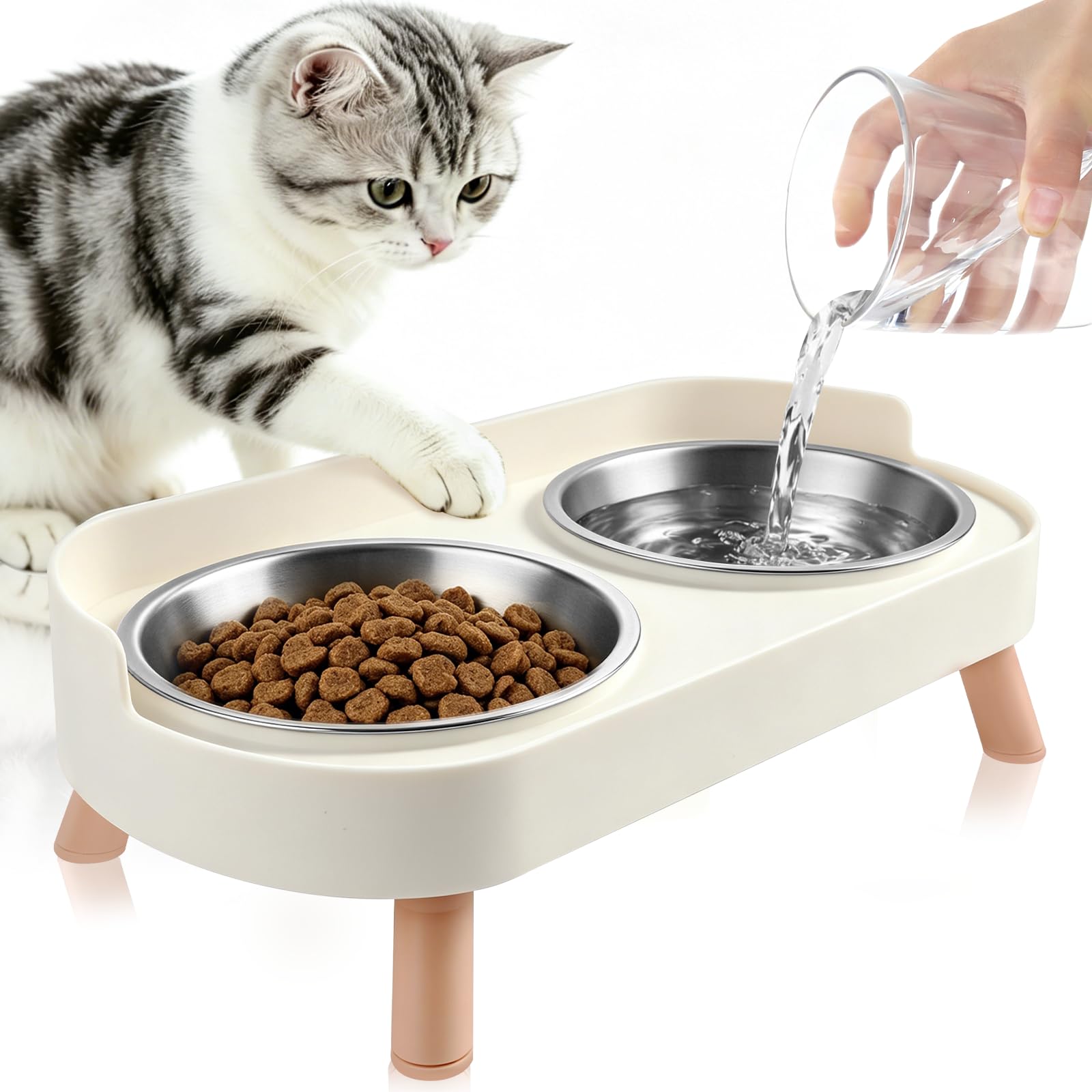 MOXYOY Raised Cat Bowls for Indoor Cats, Splash Proof with 2 stainless steel cat bowl,Cat Bowls for Cats and Puppies, Whisker Fatigue Relief and Dishwasher Safe, Feeding & Watering Supplies for Cats