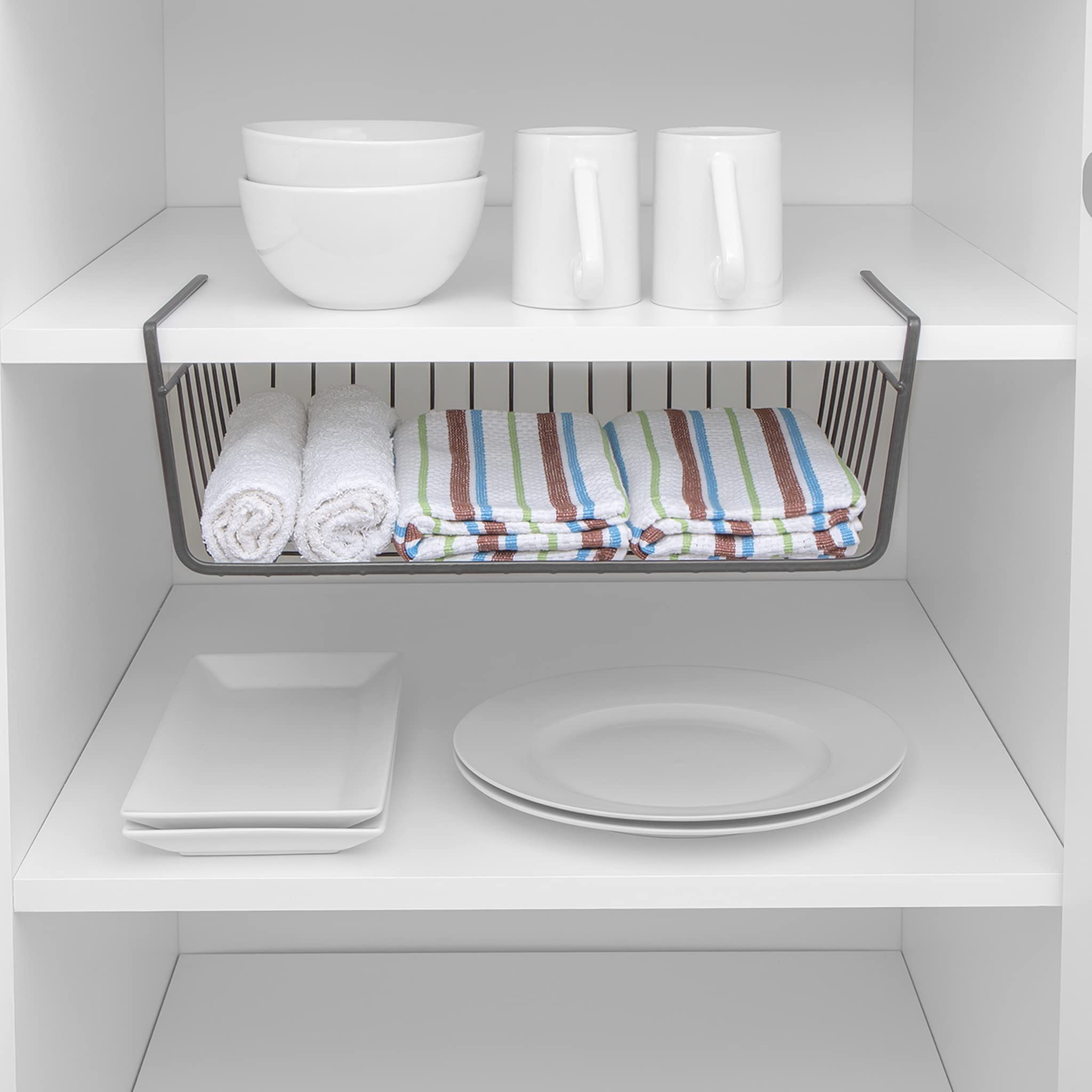 Smart Design Undershelf Storage Basket - Medium - Snug Fit Arms - Steel Metal Wire - Rust Resistant - Under Shelves, Cabinet, Pantry, and Shelf Organization - 16 x 5.5 Inch - Charcoal Gray