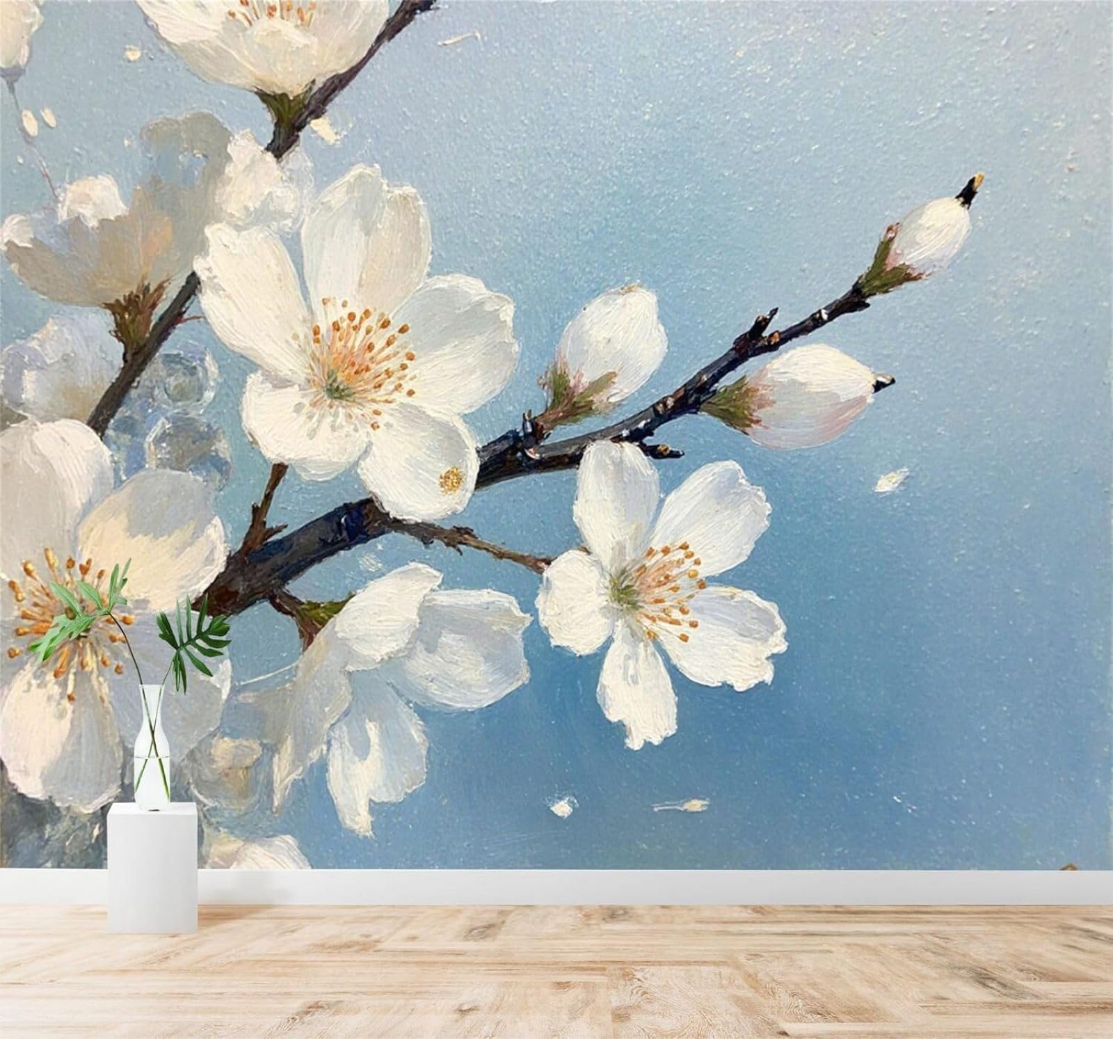 XLMING Minimalist Blue Sky Hand Drawn White Cherry Blossoms Branches 3D Wallpaper Silky Texture Home Study Office Grey Dining Room Sofa Bedroom Living Room TV Backdrop-200cm×140cm