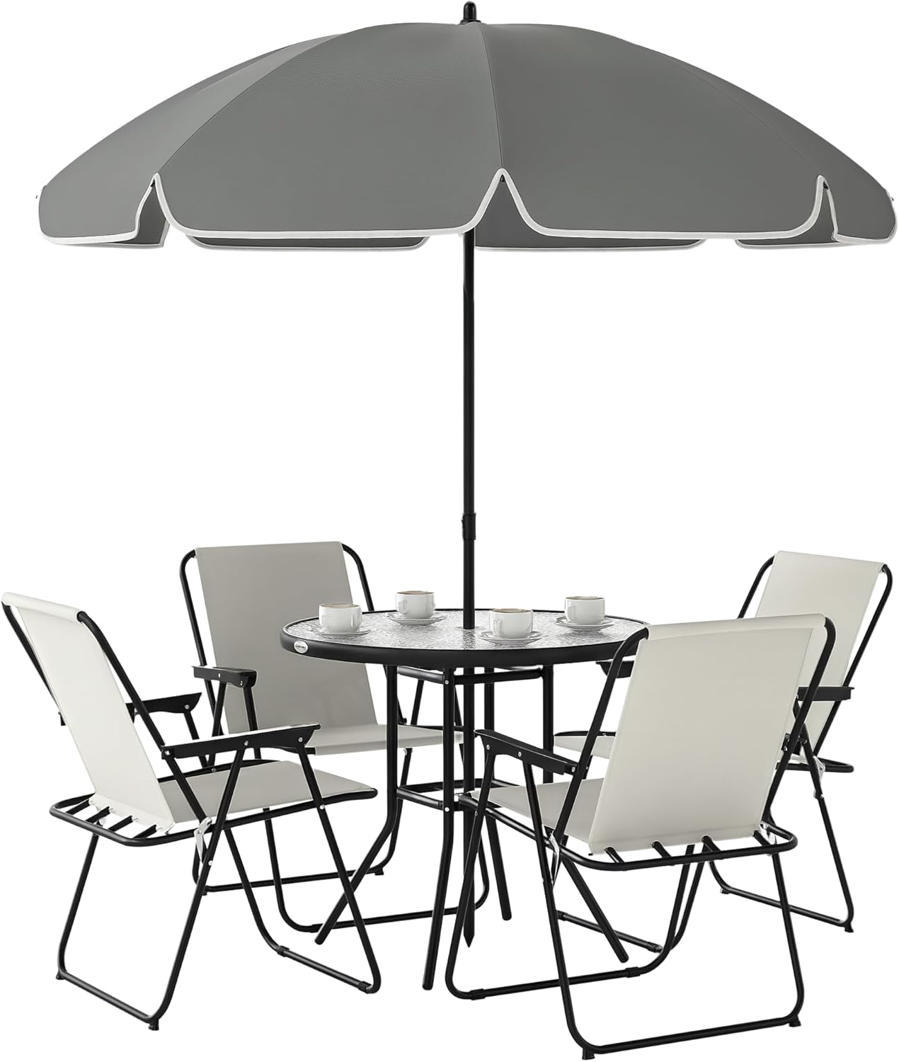 Outsunny Conjunto de Mesa y Sillas Jardín de 6 Piezas Muebles de Jardín Exterior con 4 Sillas Plegables Mesa de Vidrio y Sombrilla para Terraza Patio Crema