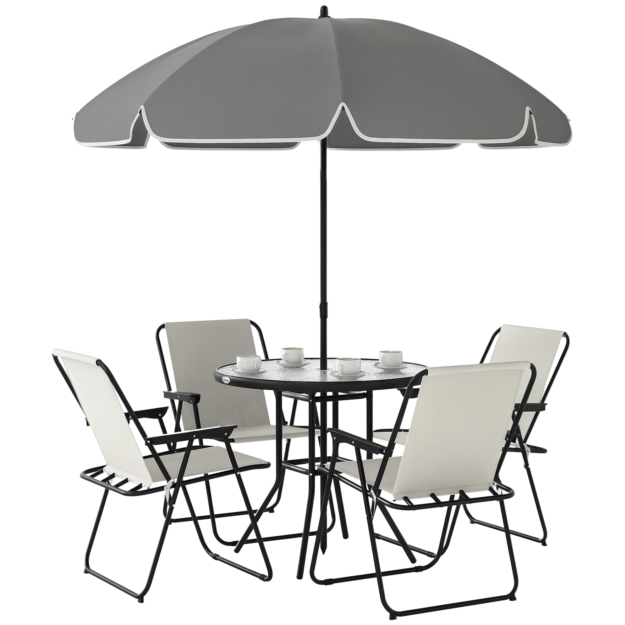 Outsunny Conjunto de Mesa y Sillas Jardín de 6 Piezas Muebles de Jardín Exterior con 4 Sillas Plegables Mesa de Vidrio y Sombrilla para Terraza Patio Crema