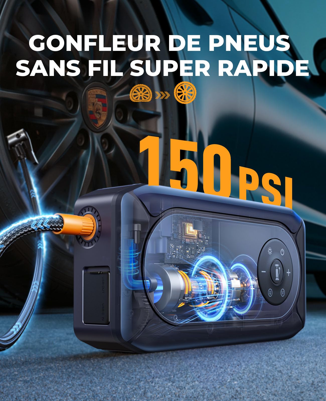 9 en 1 Booster Batterie Voiture 6000A, 12V Démarreur Voiture avec Compresseur 150PSI, Booster Batterie avec Lampe LED 500 Lumens à 4 Modes et Ecran LCD 3,3''(Tout Gaz ou 10L Diesel)