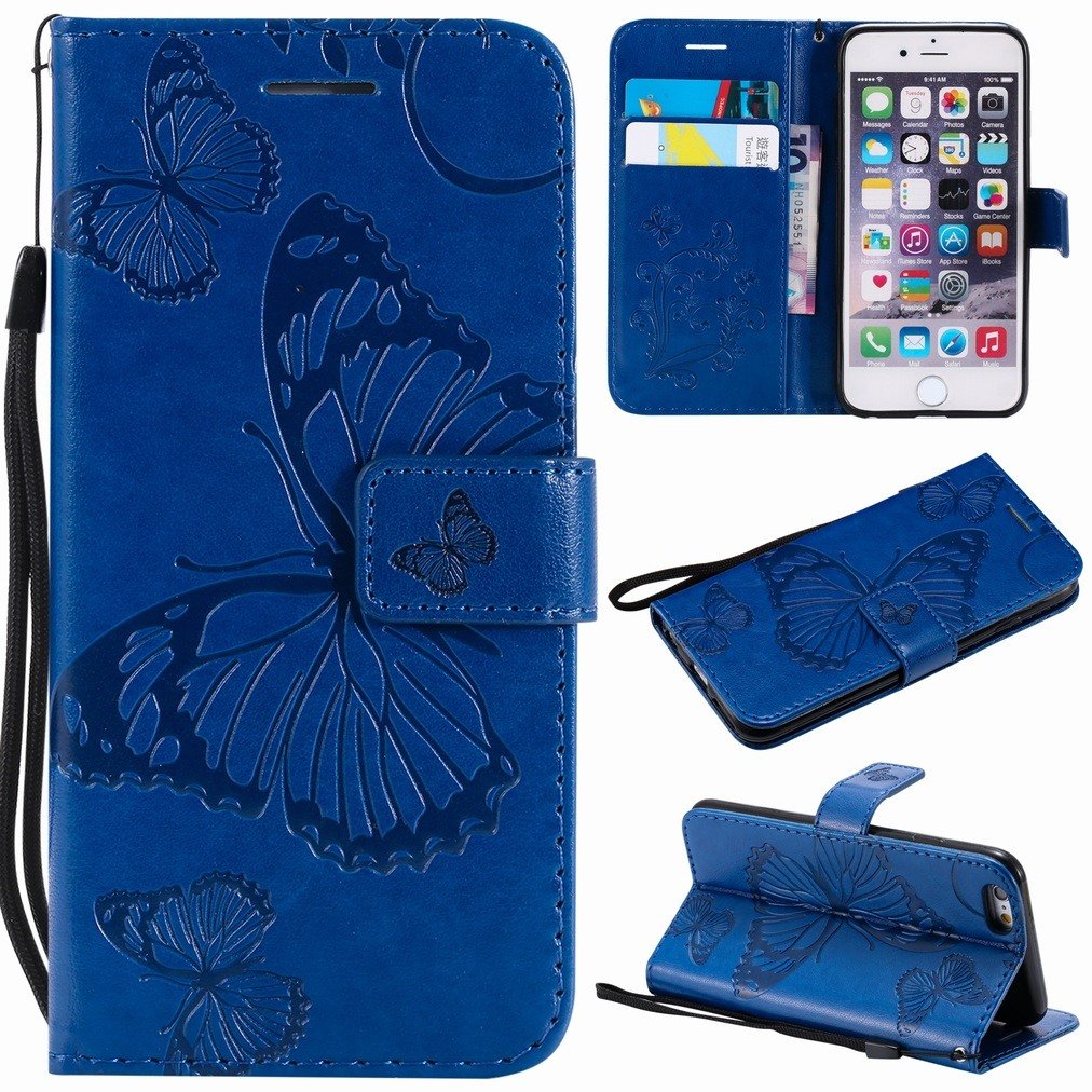 Laybomo Case for iPhone 6 6S Cover Case PU Leather Wallet Soft TPU Folio Slim Flip Case Stand Magnet ID Card Slot Protective Holster Case for A530F, Butterfly Embossing (Blue)