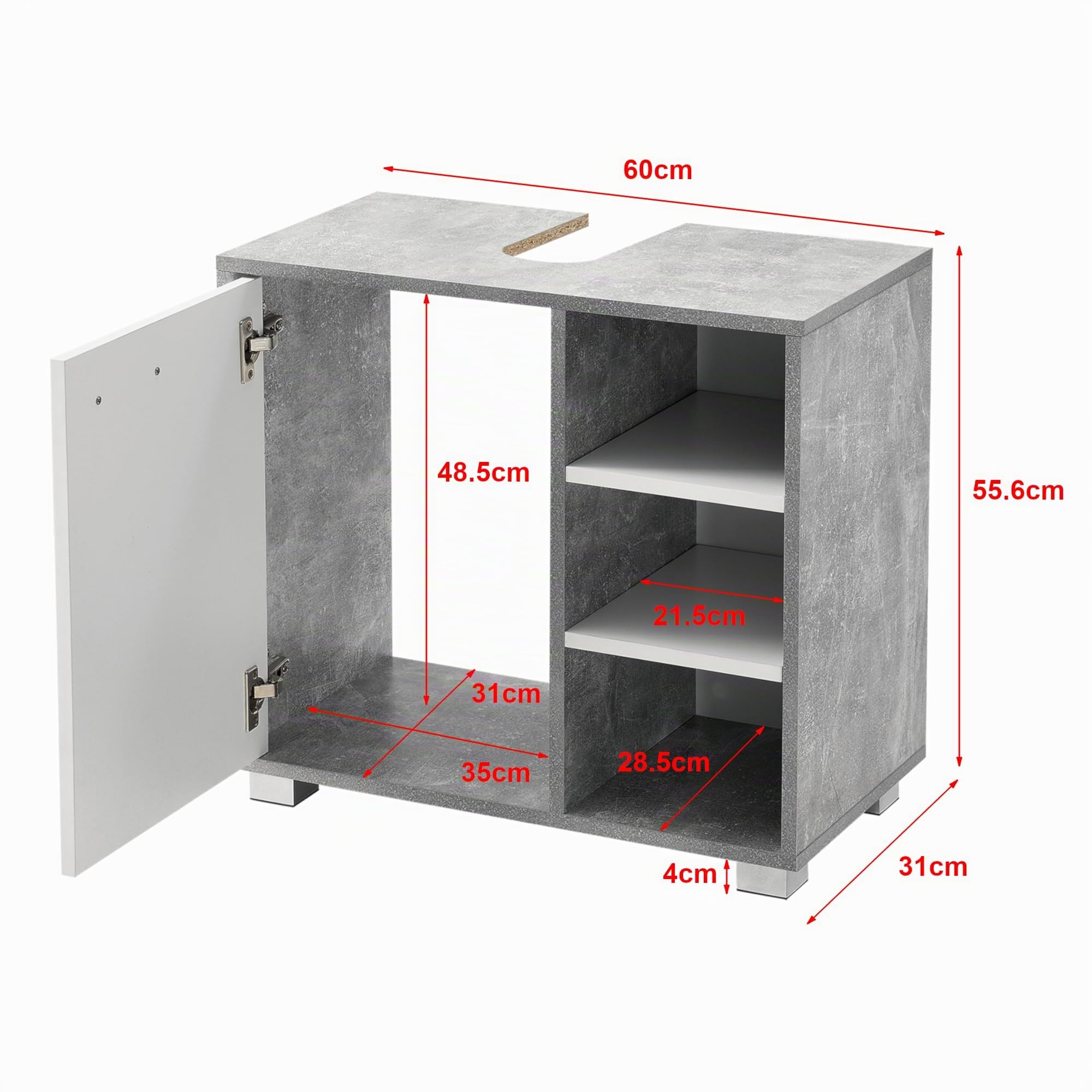 [en.casa] Mueble de Lavabo 56 x 60 x 31 cm Mueble de Baño Debajo del Lavabo con Puerta y 3 Estantes Aglomerado con Ranura para Sifón Blanco y Efecto Hormigón