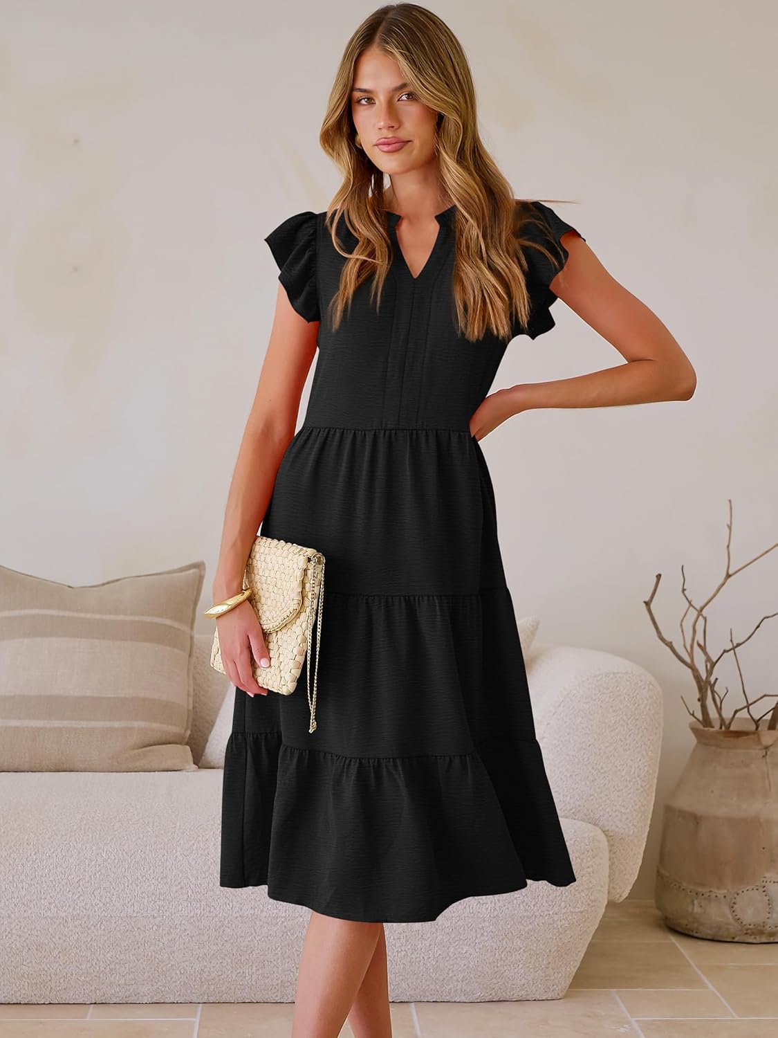 ANRABESS Womens Summer Casual Dress V Neck Ruffle Sleeve Midi Dresses 2026 Trendy Flowy Tiered Boho Beach Vacation Sundress - Image 4