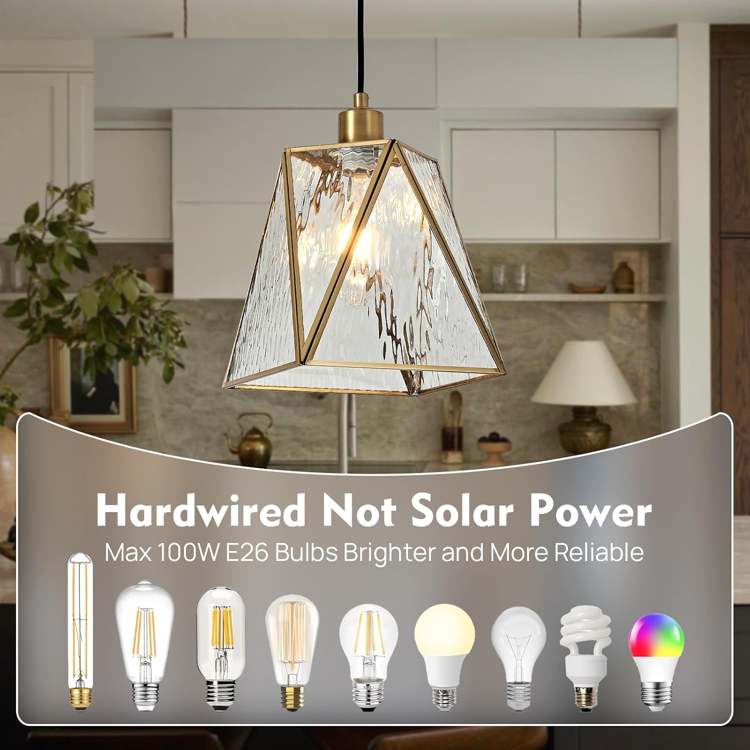 Milaii Copper Brass Pendant Light with Water Ripple Glass Lampshade 10.2" Geometric Glass Pendant Lighting Adjustable Hanging Lights Fixture for Kitchen Island Dining Room Hallway