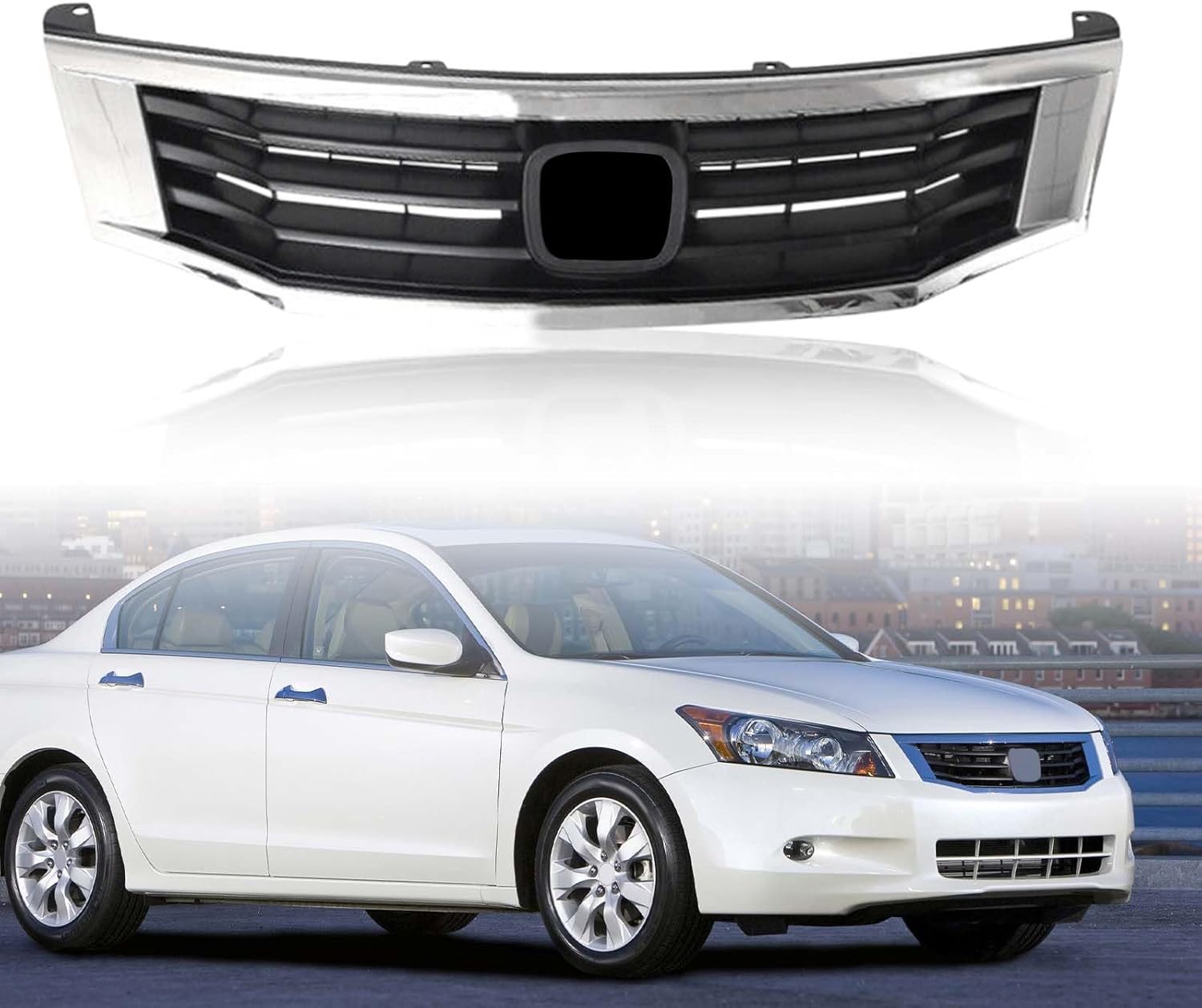 Front Bumper Grille Fit 2008 2009 2010 For Honda Accord Sedan 4-Door, ABS Plastic Black Mesh with Chrome Trim Front Upper Grill Guard Replace for HO1200189 71121TA0A00