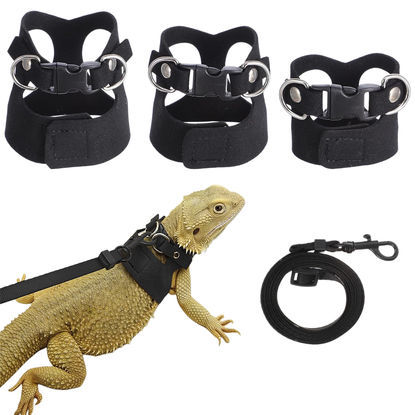 Bearded Dragon Harness and Leash Set,3 Sizes Soft Leather Adjustable Lizard Harness with Retractable Strap, Bearded Dragon Accessories for Lizard Reptiles Amphibians Small Animals (Black)