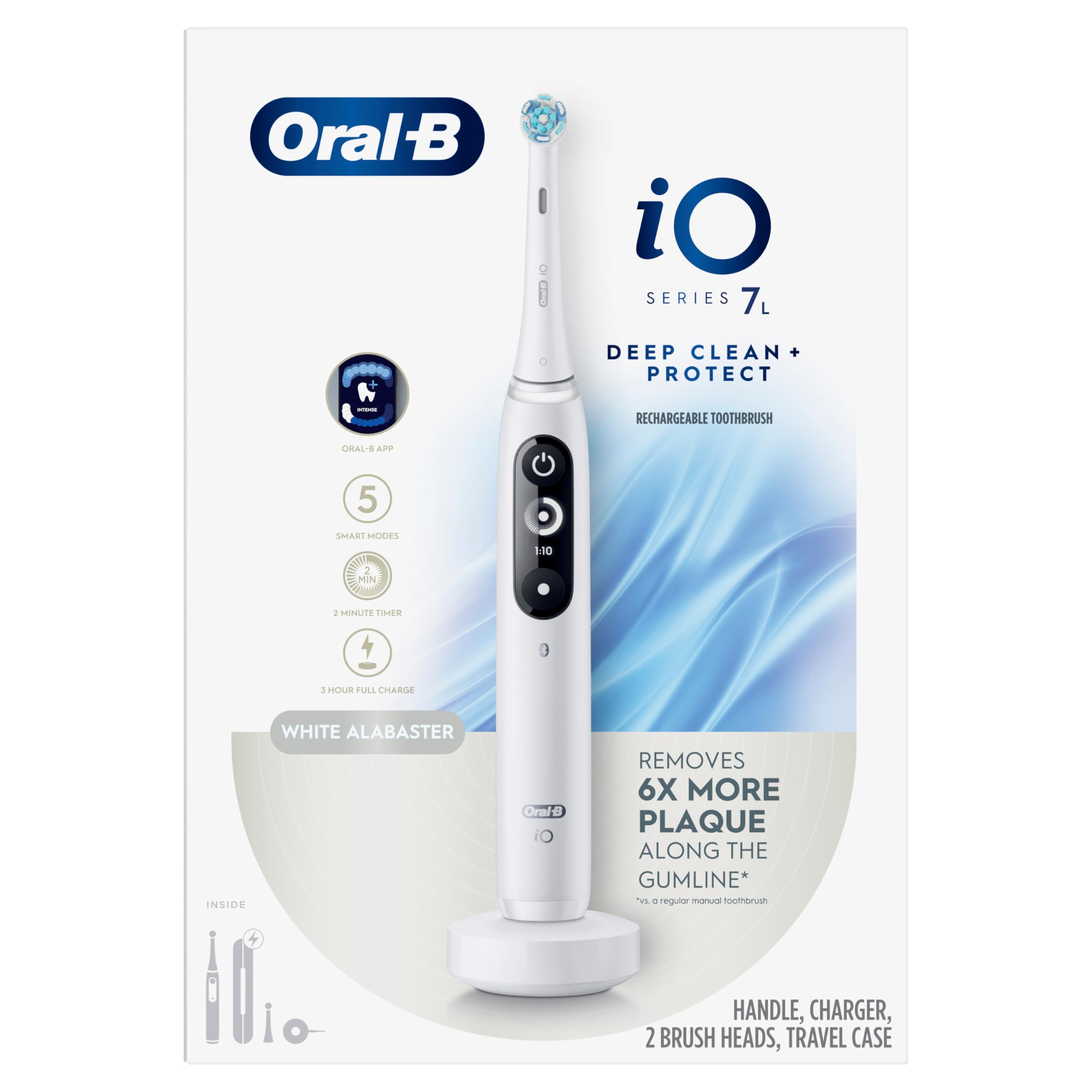 Oral-B iO - Spazzolino elettrico ricaricabile Deep Clean + Protect, bianco, con spazzolino iO Series 7, 2 testine di ricambio e custodia di ricarica da viaggio