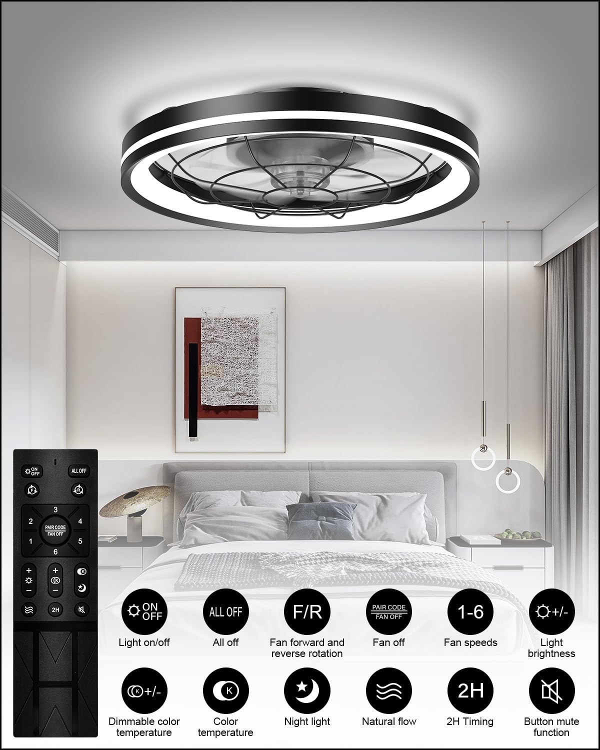 Plafondventilator met LED-licht en Afstandsbediening Plafondventilator Met Verlichting 50CM DC Lamp Met Ventilatortimer Dimbaar Ventilator Plafond Lampen Omkeerbaar
