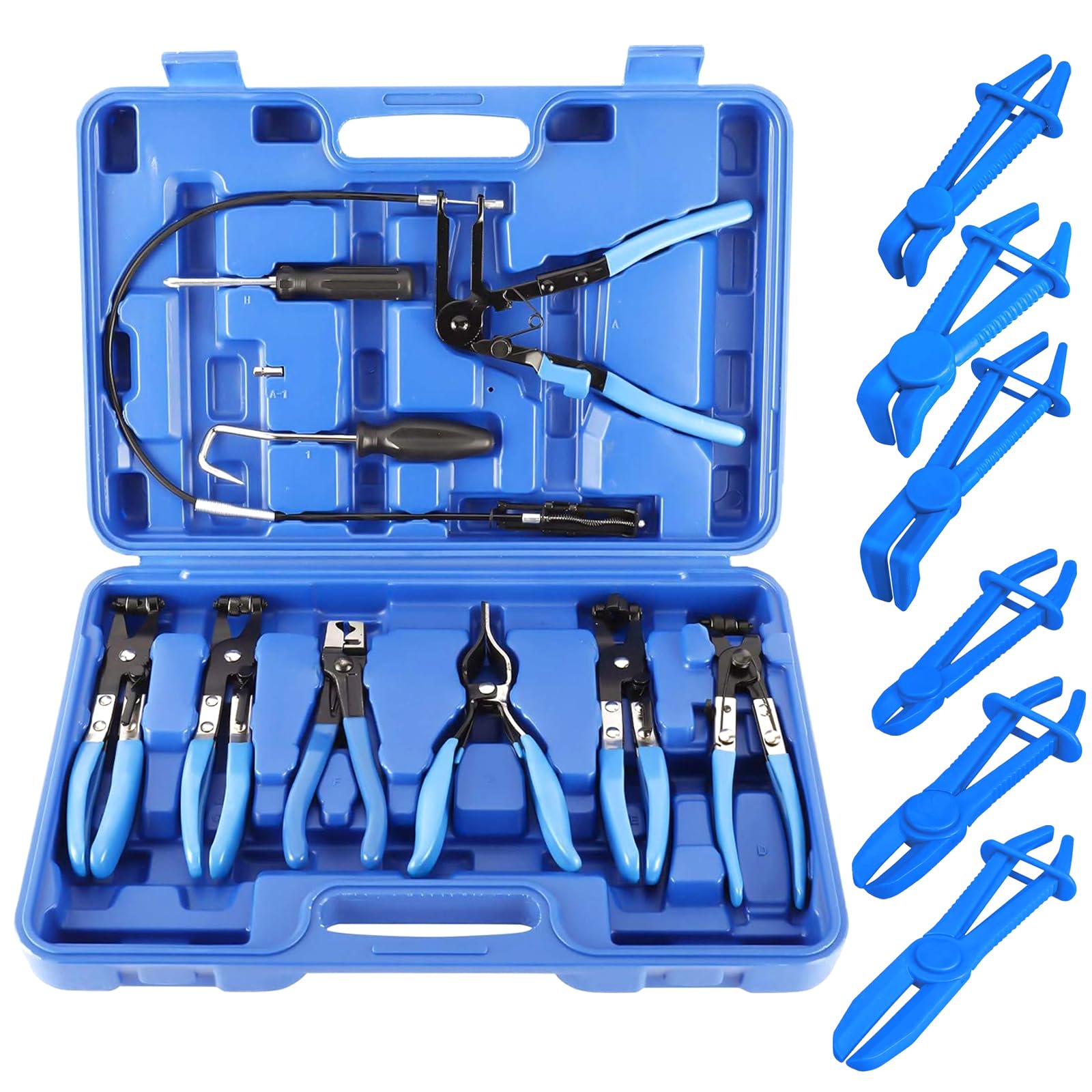 FreeTec 15tlg Schlauchklemmenzange Schlauchabklemmzange Set, 9 Schlauchschellenzange und 6 Schlauchabklemmzange, Klemmschellenzange kfz Abgewinkelte Federschellenzange Clic R Schellen Zangen für Auto