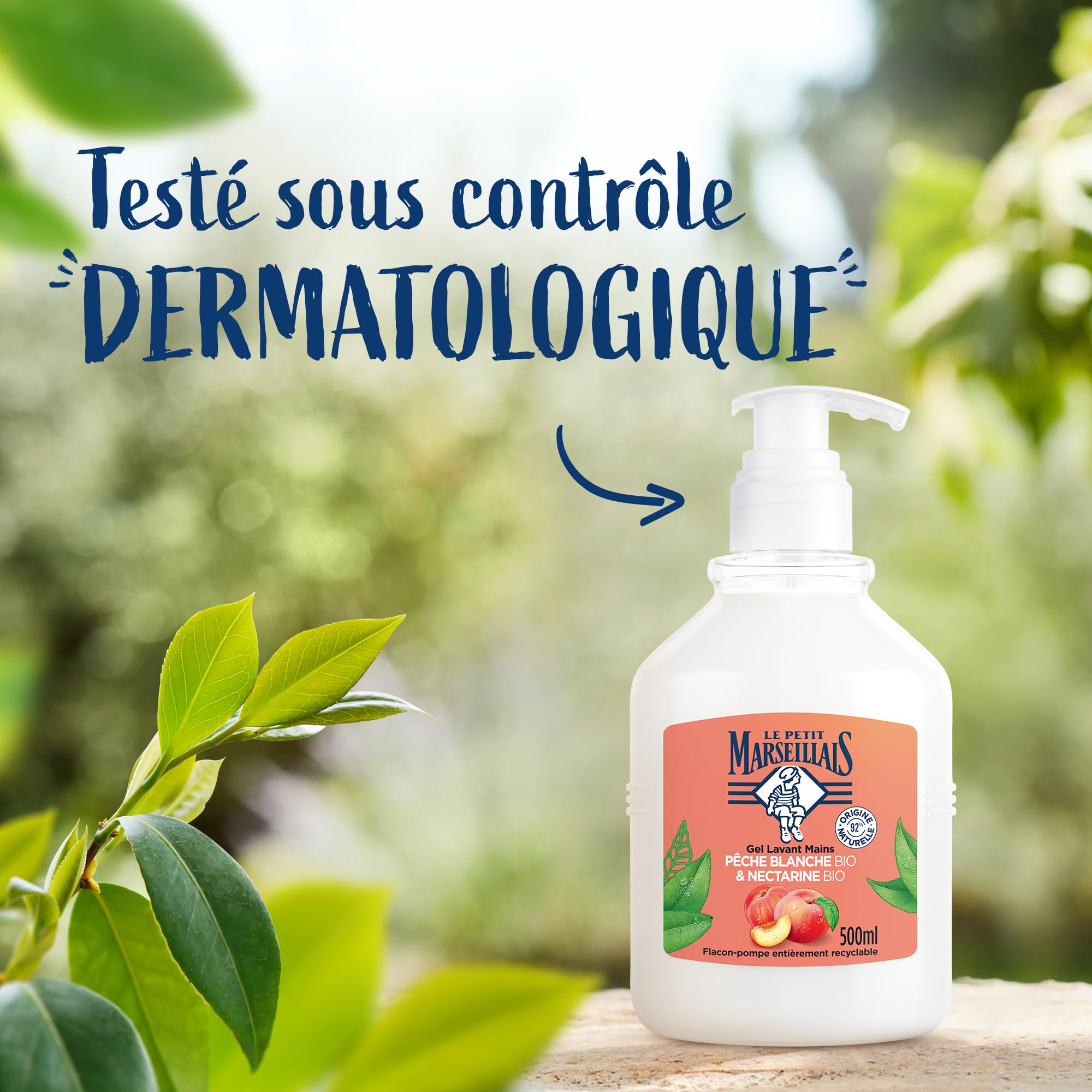 Le Petit Marseillais – Gel Lavant Mains Pêche Blanche BIO & Nectarine BIO (flacon-pompe de 500 ml) – Savon liquide avec 92 % d'ingrédients d'origine naturelle – pH neutre pour la peau