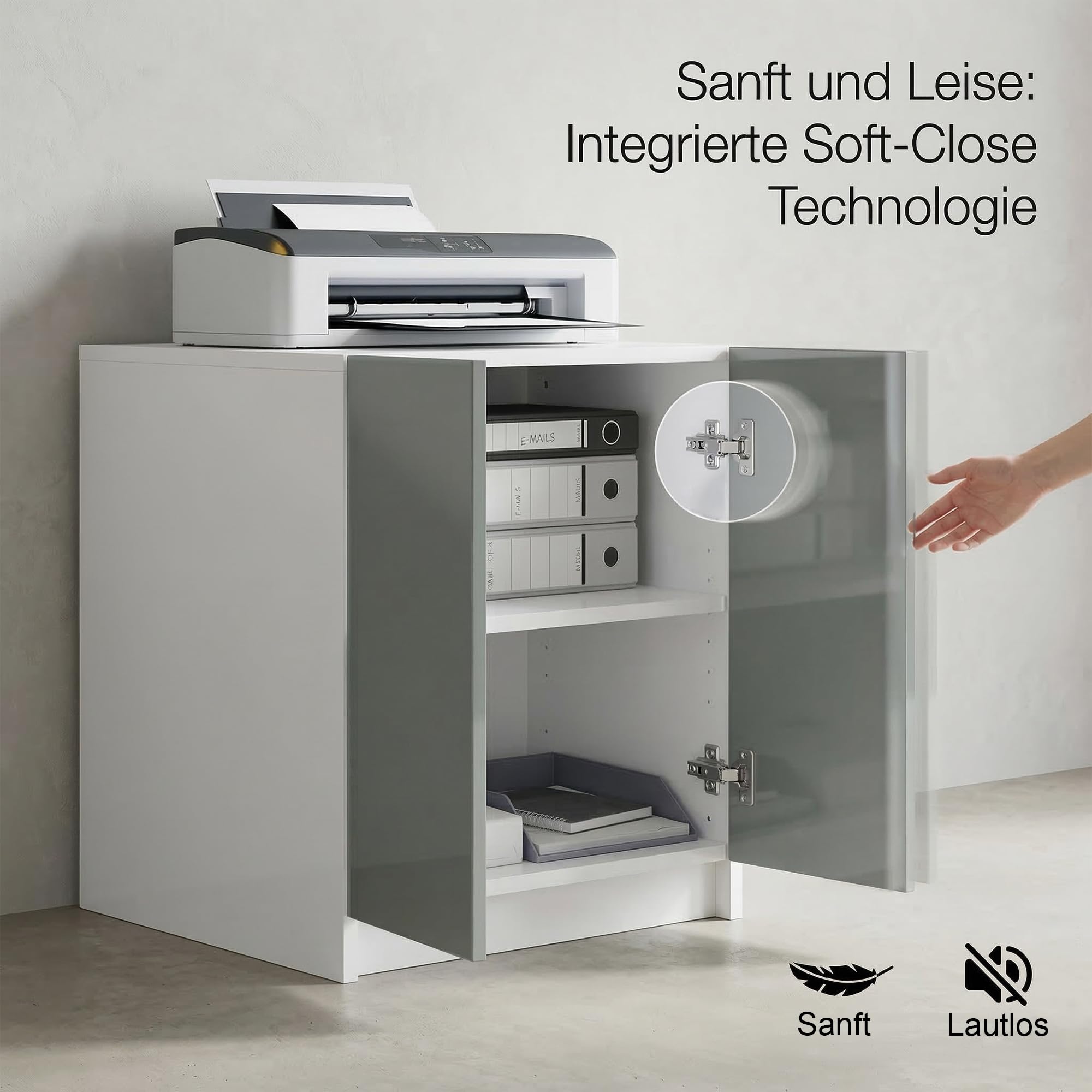 Druckerschrank Elona, Druckerkommode mit Soft-Close & Push-to-Open, Druckertisch, Büromöbel, Home Office & Büro, Weiß matt (51 x 60,5 x 54 cm)