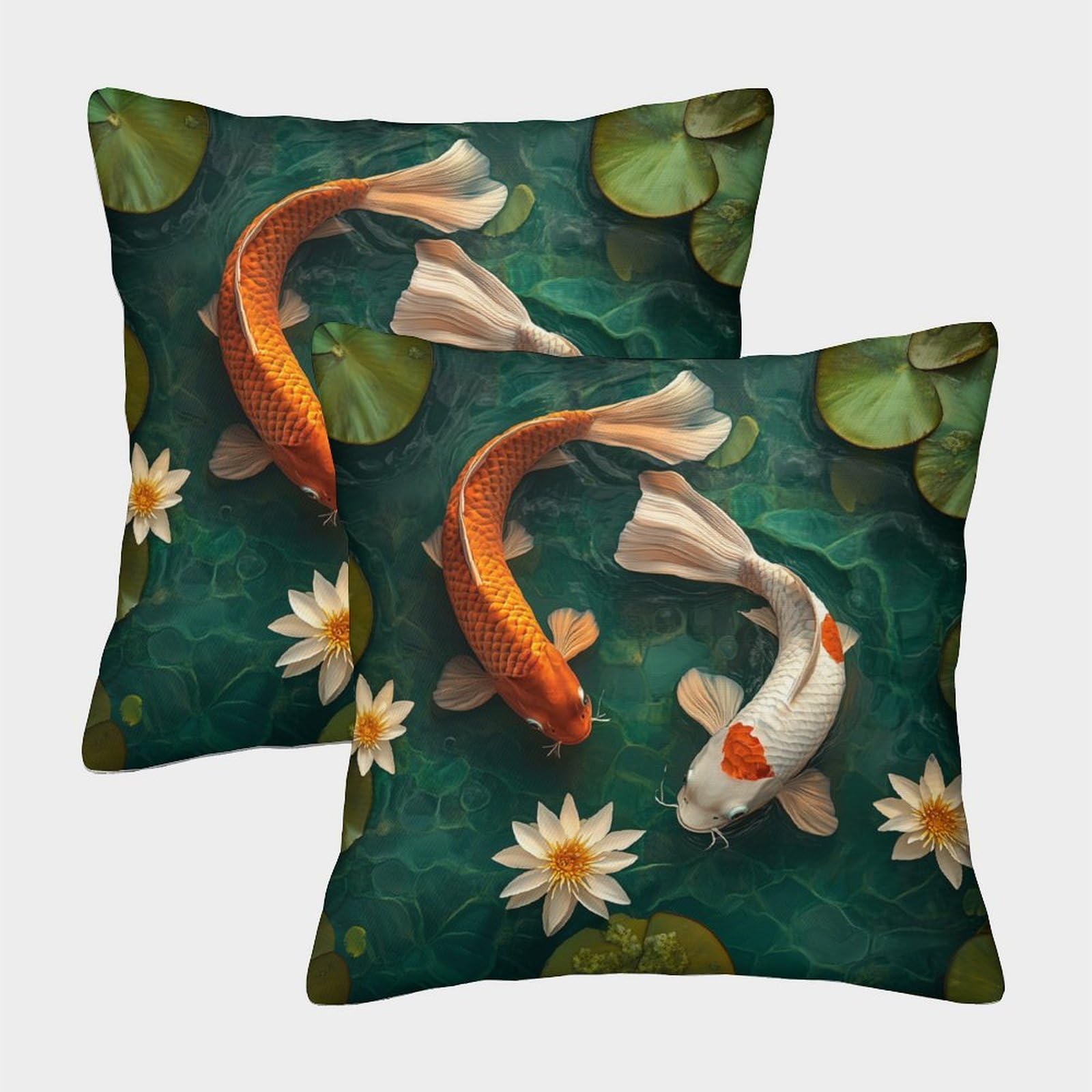kaiyun 2 Pack 3D Koi Theme Square Cushion Cover Decoration Water Lily Pillow Cover Suitable for Home Sofa Bedroom Living Room 50x50cm