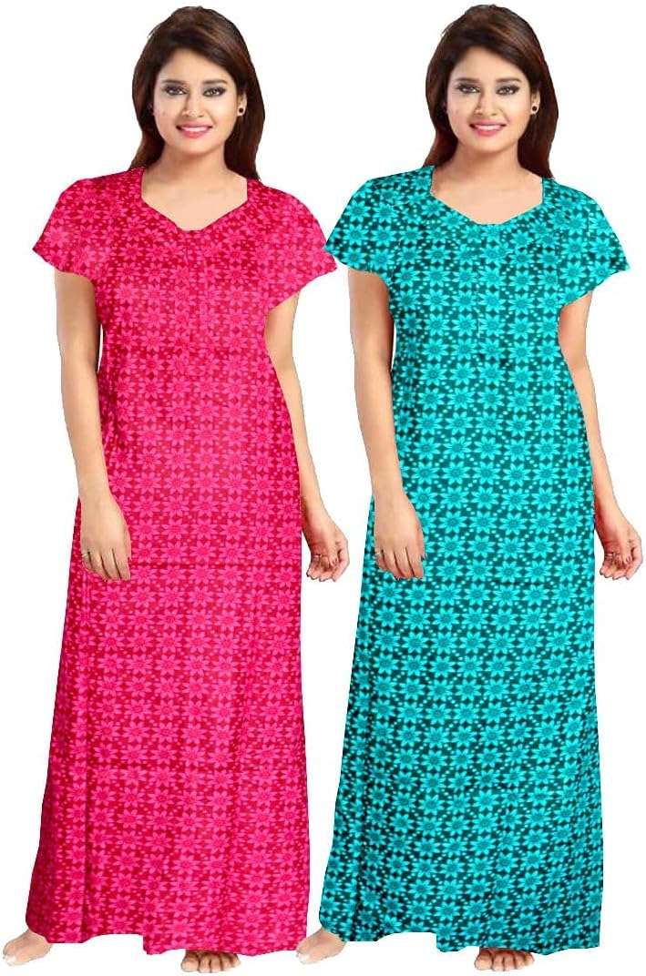 KBNBJNighty for Women Cotton Printed Maxi Gown Ankle Length Nighty Night Dress Gown for Women Maxi - Free Size (Pack of 2)