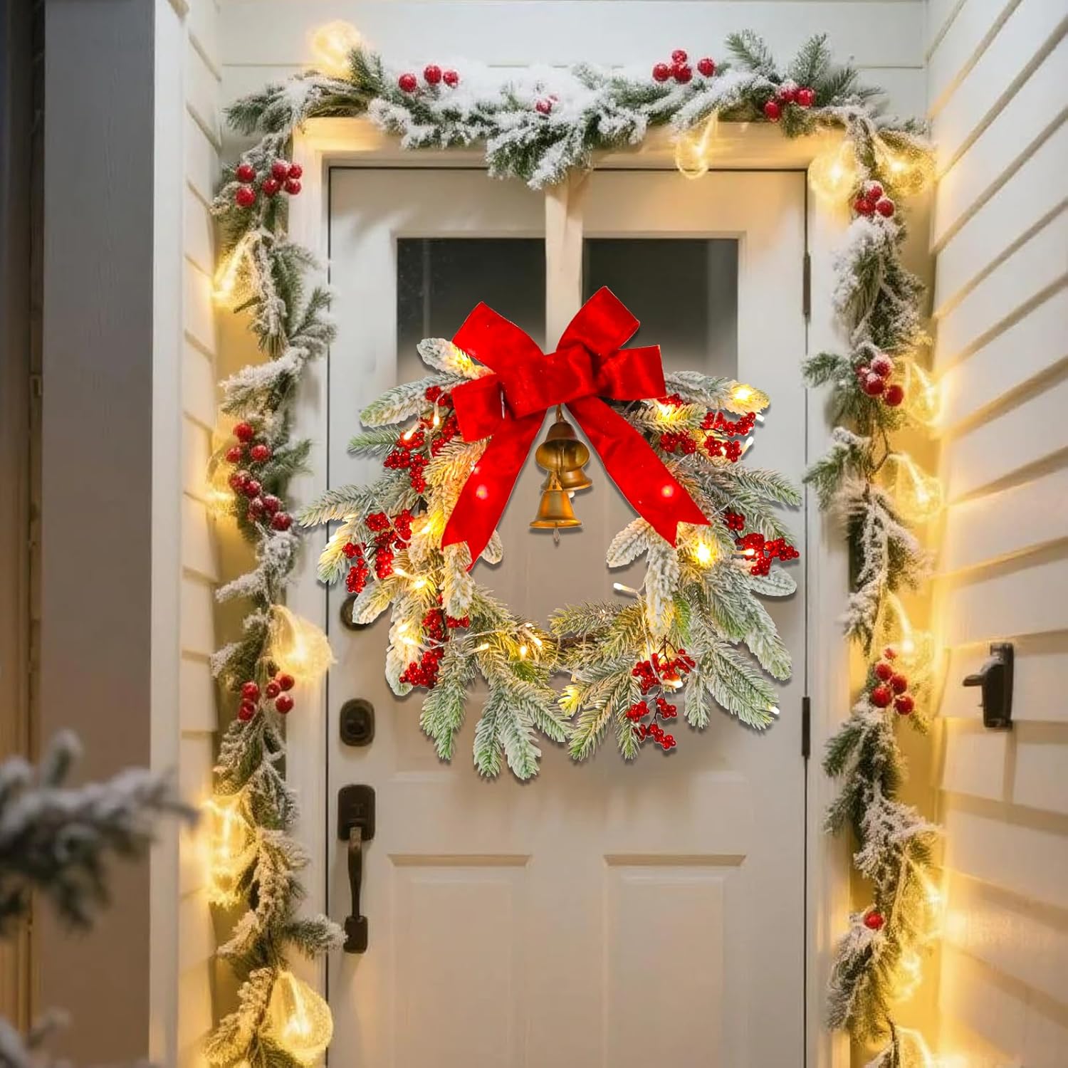 Yinns 20 Inch Pre-Lit Christmas Wreath for Front Door with 50 LED Lights Artificial Light Up Christmas Wreath Decorated with Berries Bells Indoor Outdoor Window Fireplace Christmas Decoration