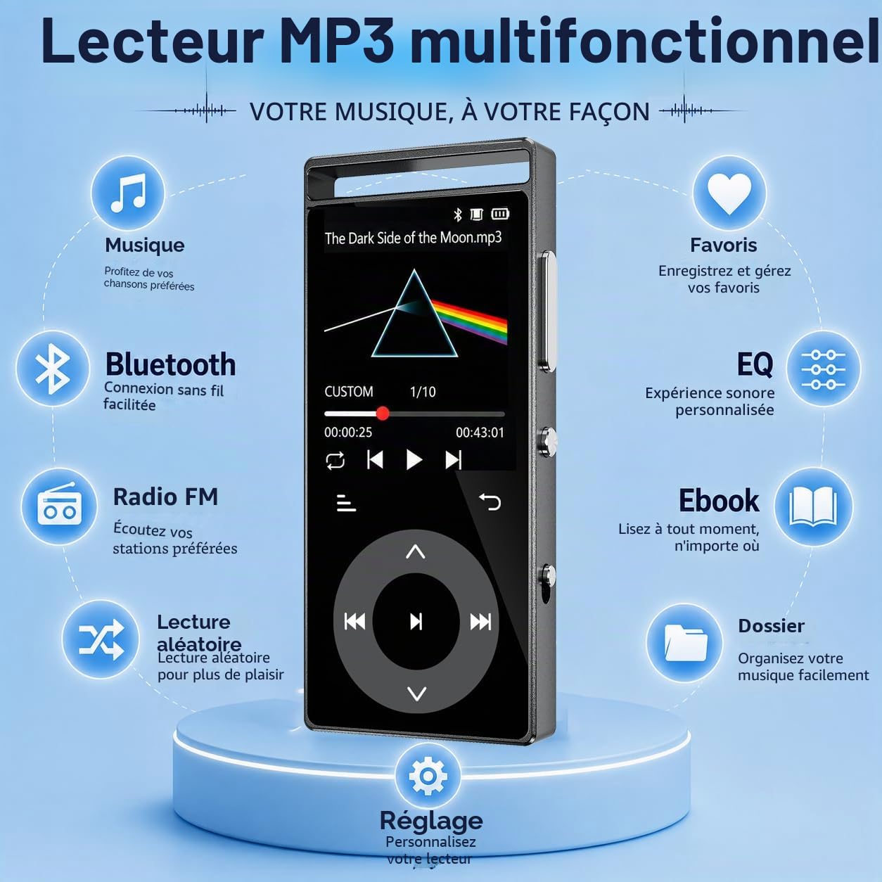 Lecteur Mp3 Bluetooth 5.3 Son HiFi, Boutons Tactiques, Structure Métall, Écran Couleur, Extension 128Go, Écouteurs Inclus Noir