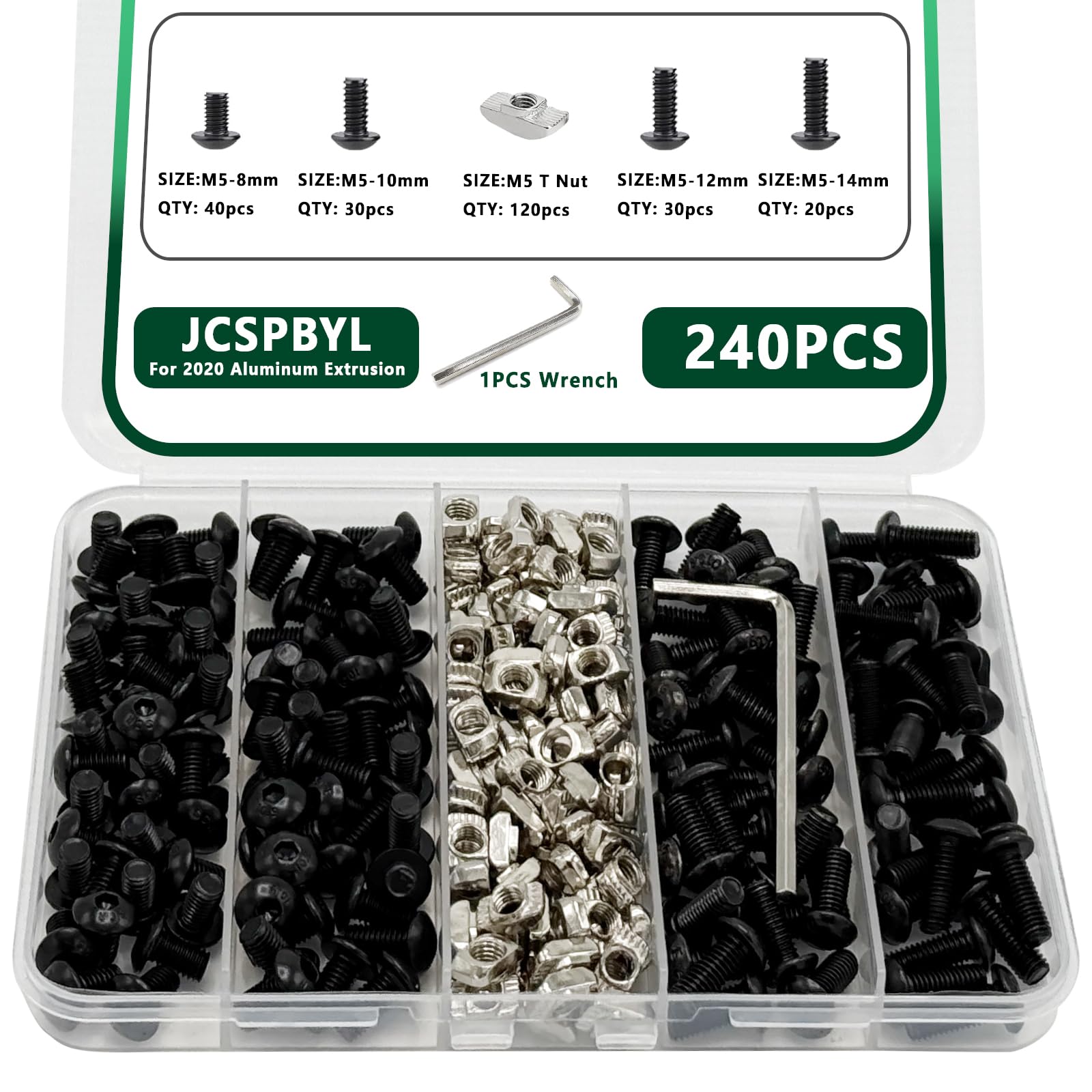 80 pcs M8 T Nut Screws Kit for 4040 4080 Aluminum Extrusion, 26 pcs Black M8x12/16/20mm Hexagon Socket Carbon Steel Screws and 26 pcs M8 Drop in T-Nuts, 28 Washers with Hex Wrench — Amazon image 7