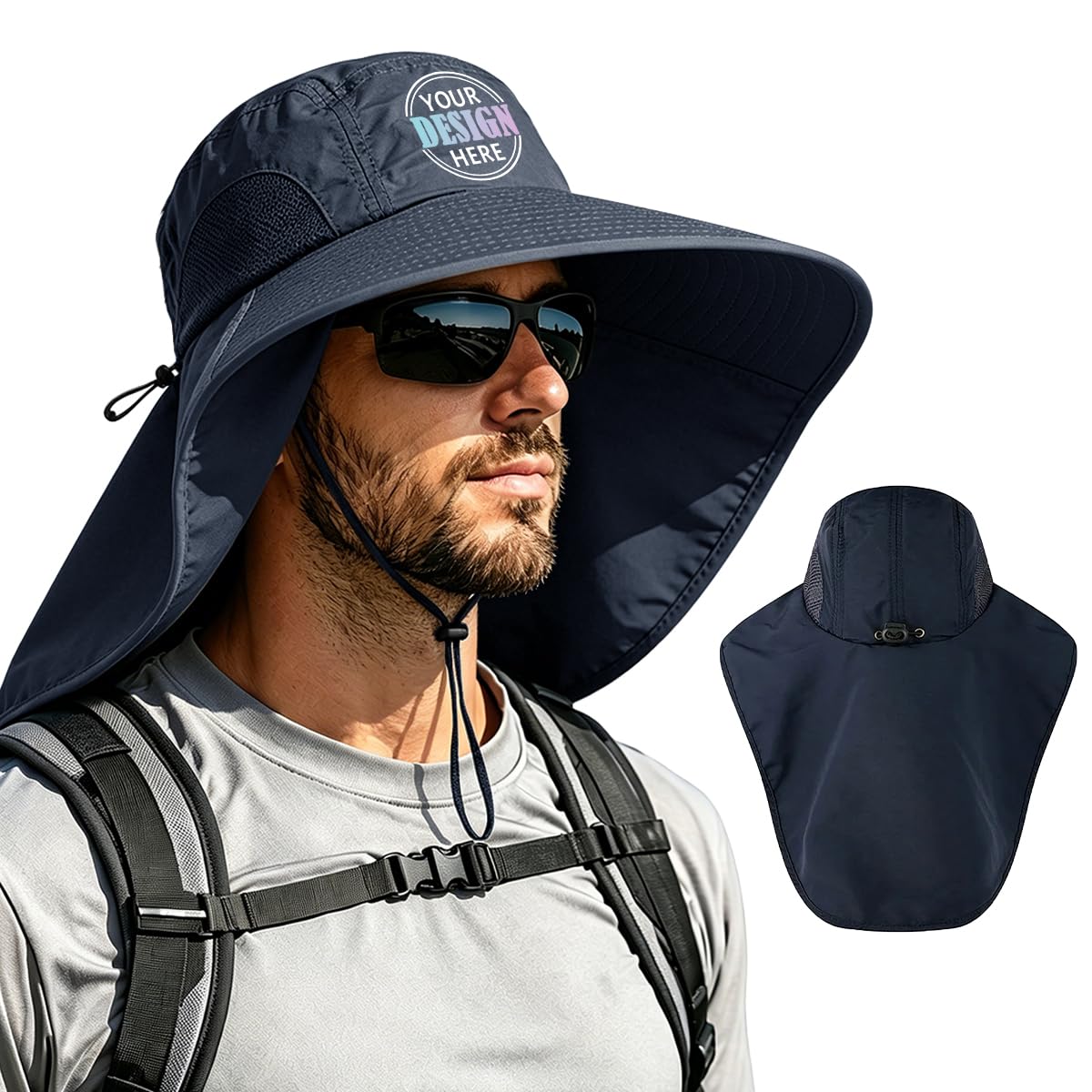 Wowtify Unisex Navy Blue Personalized Sun Hat Custom Logo/Text, Upf 50+ Wide Brim Bucket Hat With Neck Flap, Adjustable Fishing Hat For Men Women, 7/ 7 1/2