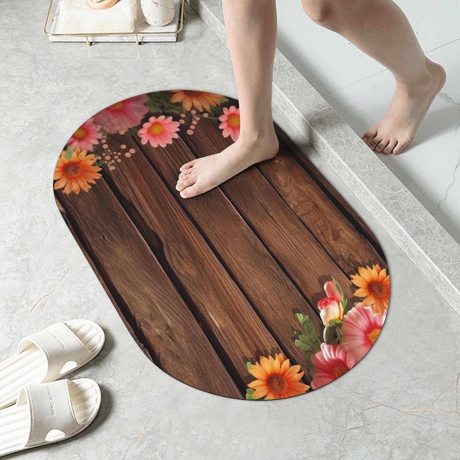 Stone Bath Mats Flowers and Wooden Diatomaceous Earth Bath Mat Super Absorbent Bathroom Floor Mat Quick Drying Diatomite Shower Mat for Shower Bathtub Bathroom Accessory 16x24in