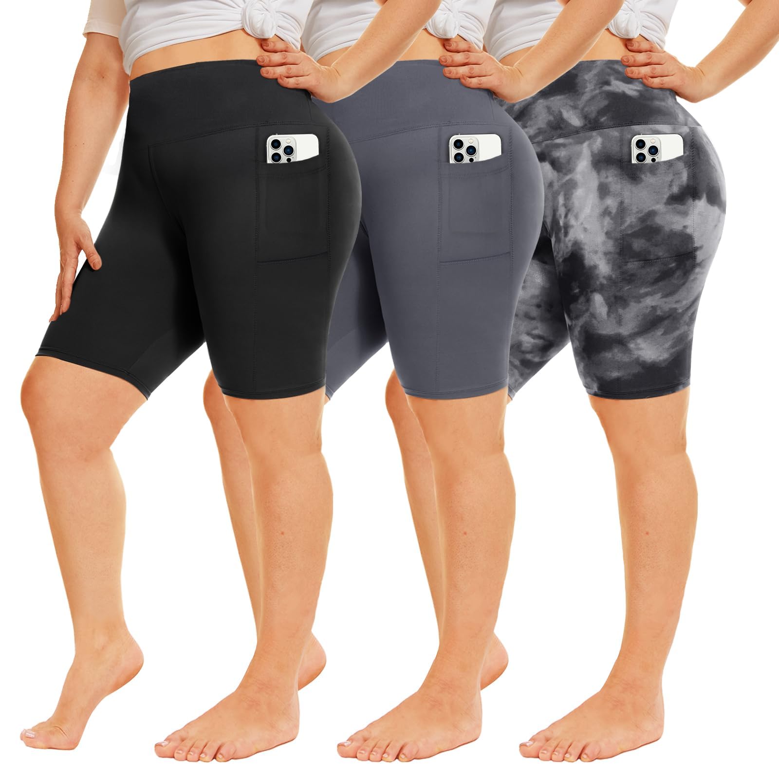 QGGQDD 3 Pack Plus Size Biker Shorts for Women – 8' High Waisted Black