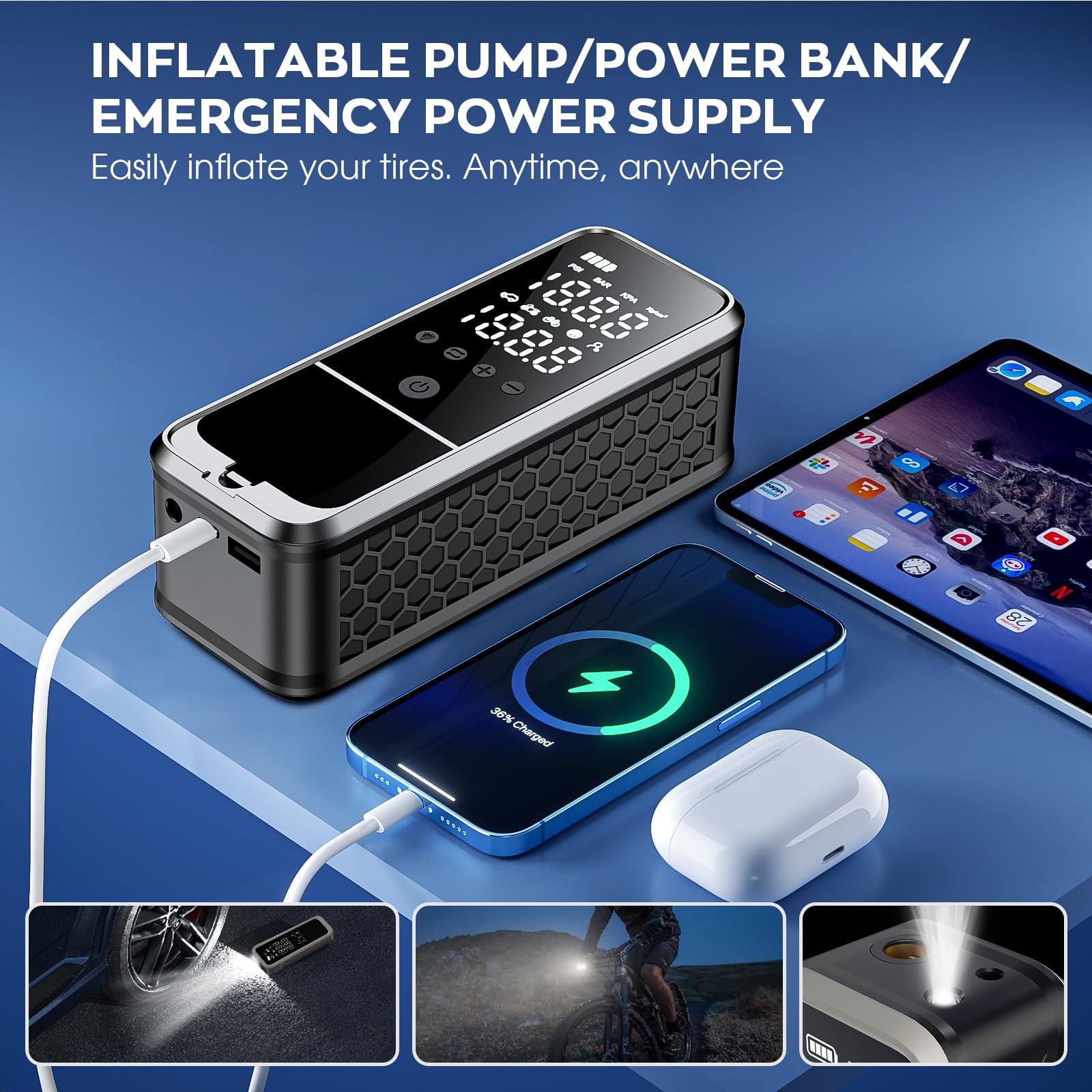 Tire Inflator Portable Air Compressor Portable Air Pump with Tire Gauge Pressure LED Light Air Pump for Car — view 7