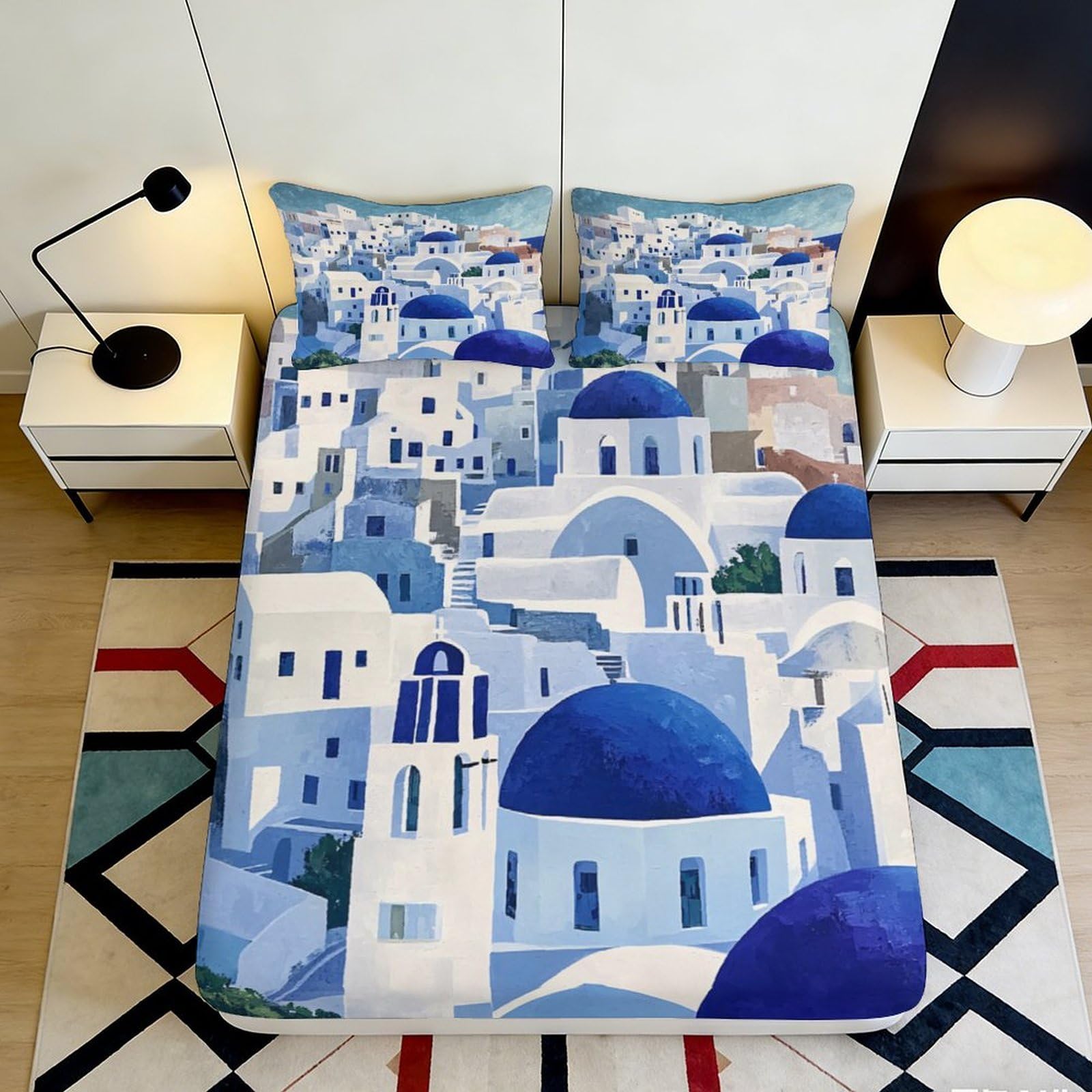 3D Printed Santorini Blue Dome Fitted Sheet Microfiber Soft Mediterranean Village Bed Cover for Bedroom Guest Room Decor 90x200x25cm