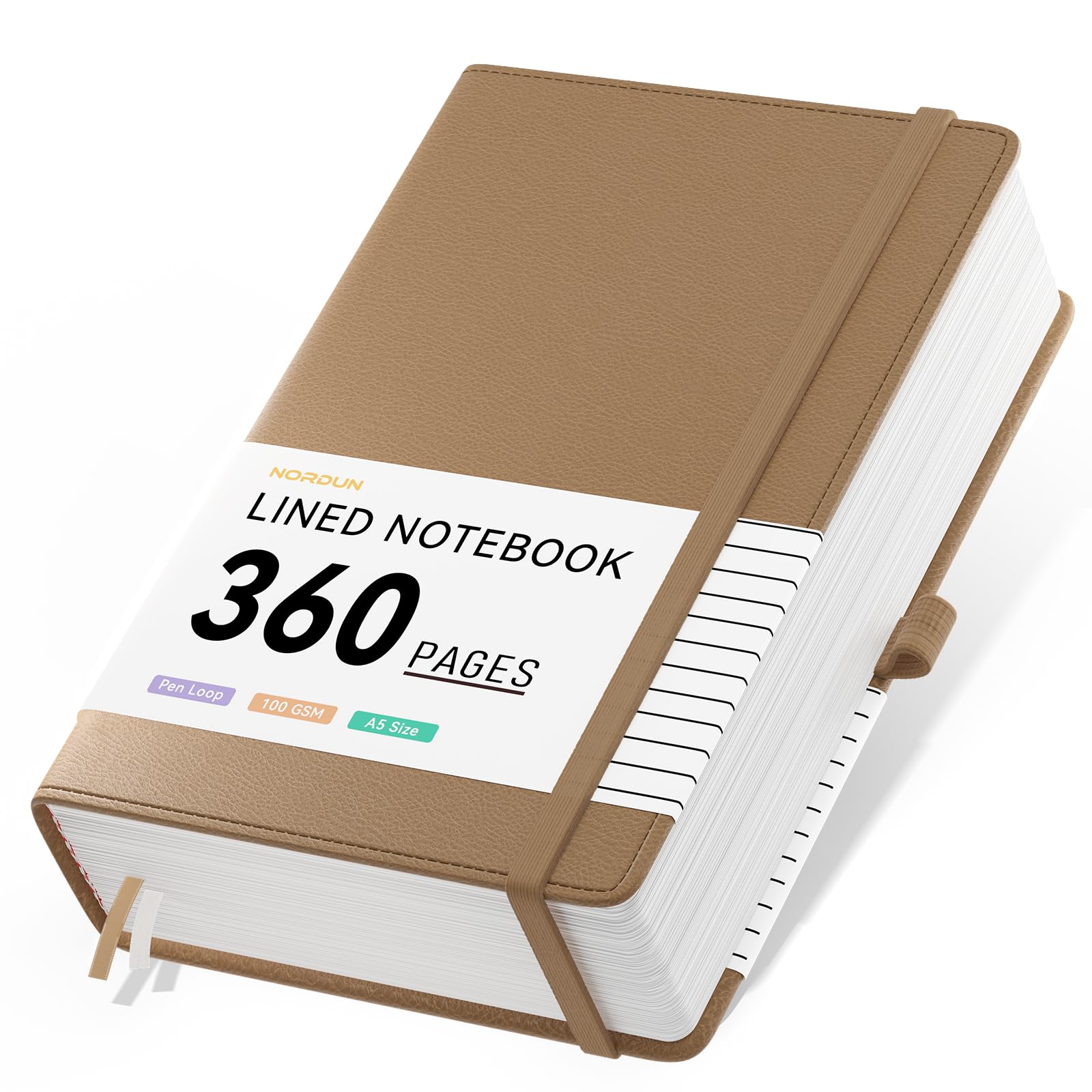 NORDUN Notebook A5 360 Pages,Lined Notebooks with Sticky Notes&Inner Pocket,100gsm Thick Paper Journals Notebook for Women Men Writing School,Office,Travel,14.5 x 21cm - Brown