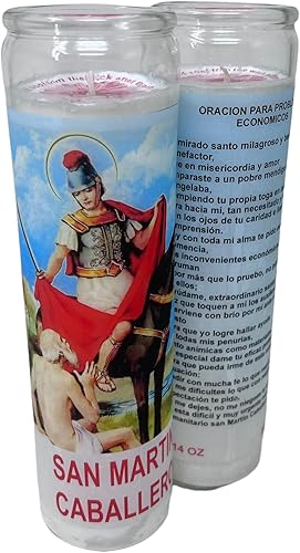 Miniatura 9 de Veladora de rezo San Martín Caballero oración al reverso en español para problemas económicos 14 oz vaso grande una pieza Blanca sin esencia