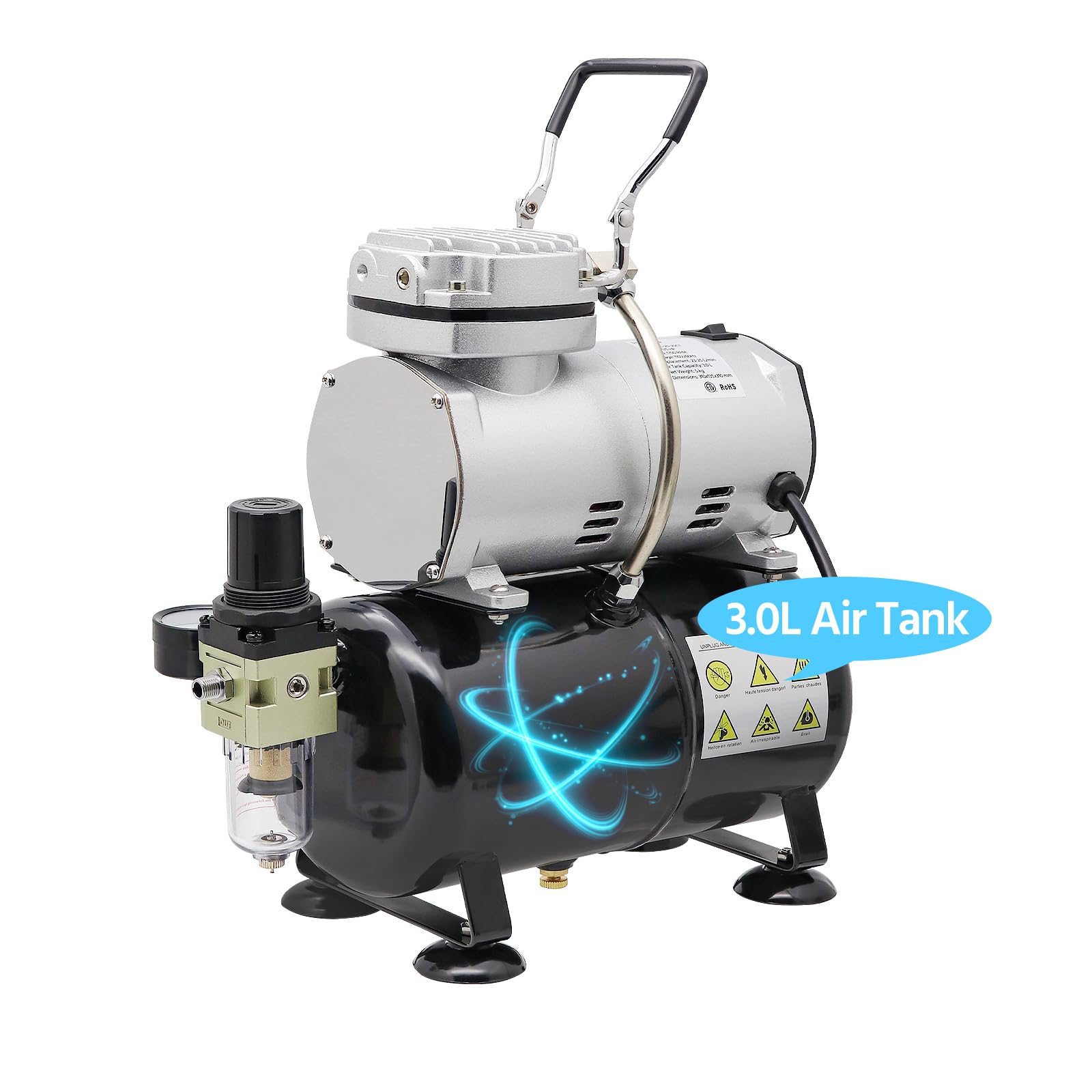 Compressore Airbrush Free – Mini compressore professionale a pistone singolo con serbatoio da 3 litri, regolatore e sifone per hobby, pittura, decorazione torte, tatuaggi, grafiche