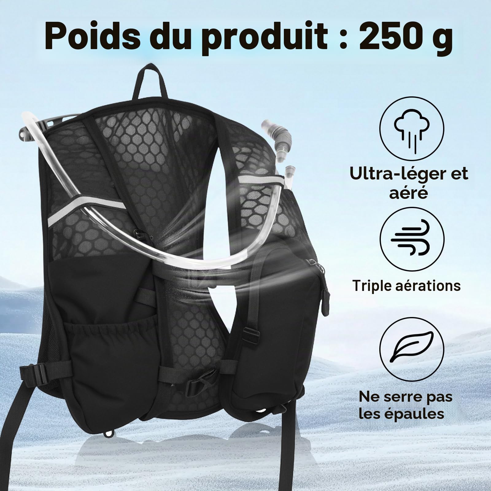 Sac à dos d'hydratation pour le cyclisme de plein air - Gilet de course à pied - 5 l - Respirant - Pour homme et femme - Avec sac à eau de 1,5 l