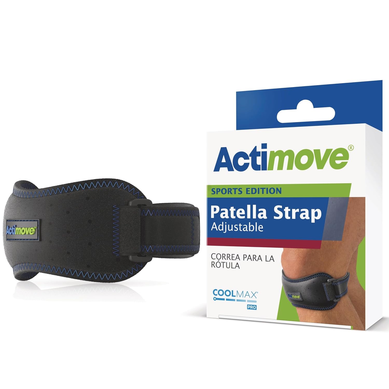 Actimove Sports Edition Patella Strap Adjustable with COOLMAX AIR Technology - Pain Management for Jumper's Knee, Patellofemoral Pain Syndrome - Left/Right Wear - Black, Universal Size​