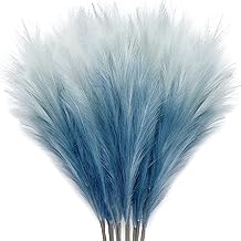 8Pcs 35.4” Blue Colorful Faux Pampas Grass, KALYLOC Fluffy Artificial Bulrush Branches Boho Decor, Filler Tall Pampas Grass Reed Fluffy Stems for Living Room Wedding Decoration