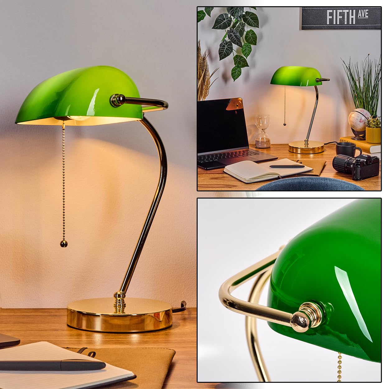HOFSTEIN Tischleuchte Tremoceira, Tischlampe aus Metall/Glas in Messing/Grün/Weiß, traditionelle Bankerlampe, Schreibtischlampe für Büros im Retro/Vintage-Design mit Zugnschnur, Höhe 38 cm, 1 x E27