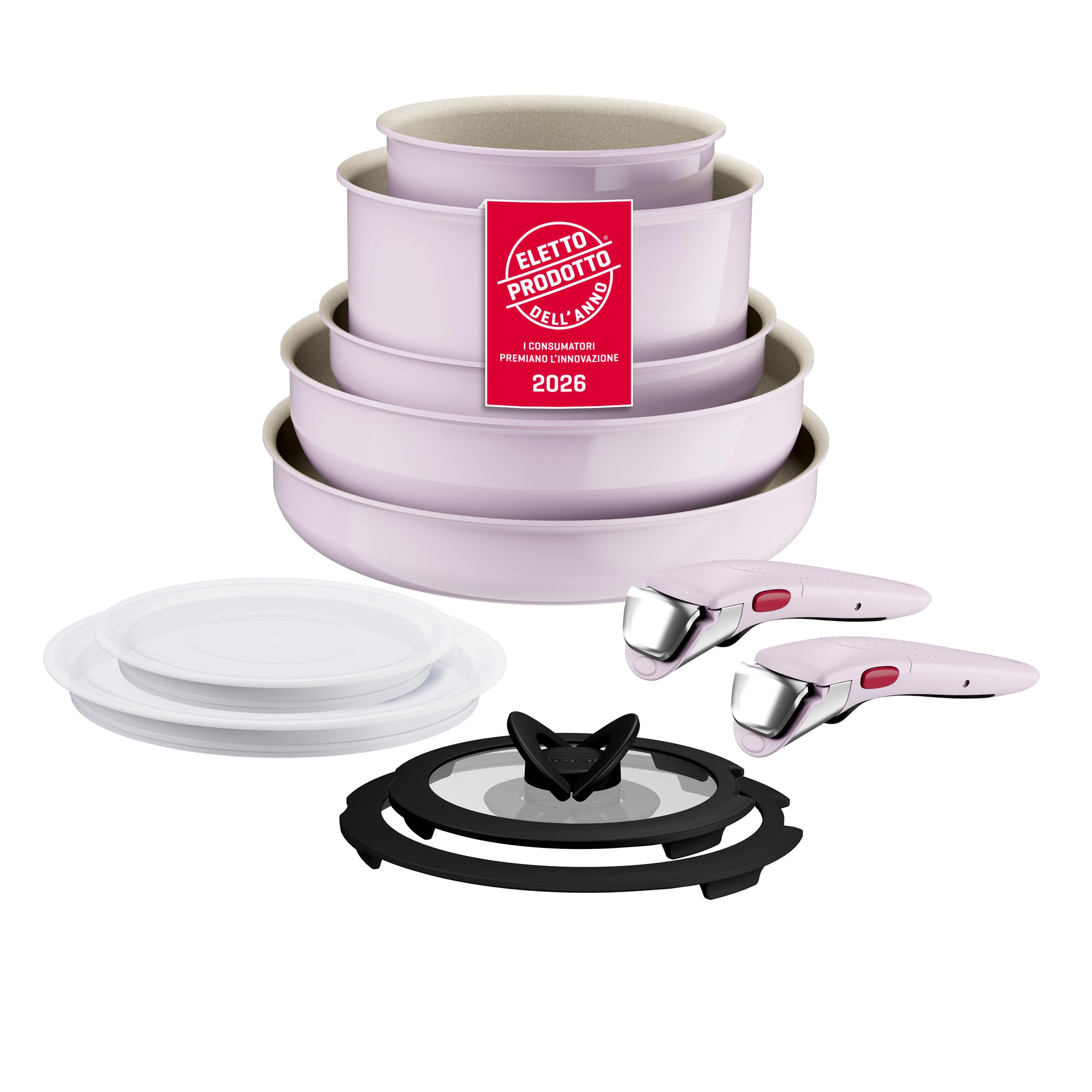 Lagostina Ingenio Pastel, Set di Padelle Antiaderenti 11 Pezzi con Manico Rimovibile, Compatibili con Induzione e Forno, Design Salvaspazio, Colore Rosa
