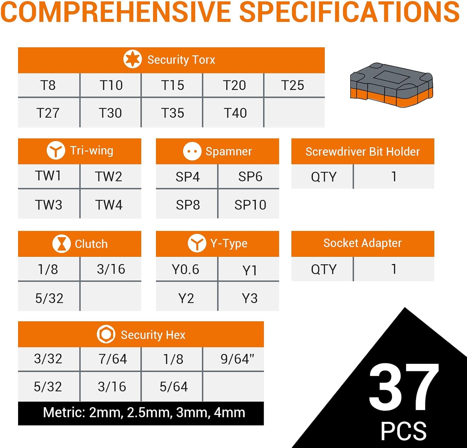 37Pieces Security Bit Set, Tamper Proof Torx Bit Set with Torx, Hex,Triwing, Spanner, Clutch, Y-Type, S2 Steel Screwdriver Bit Set for Electronics, Appliances, Cars, General Machinery