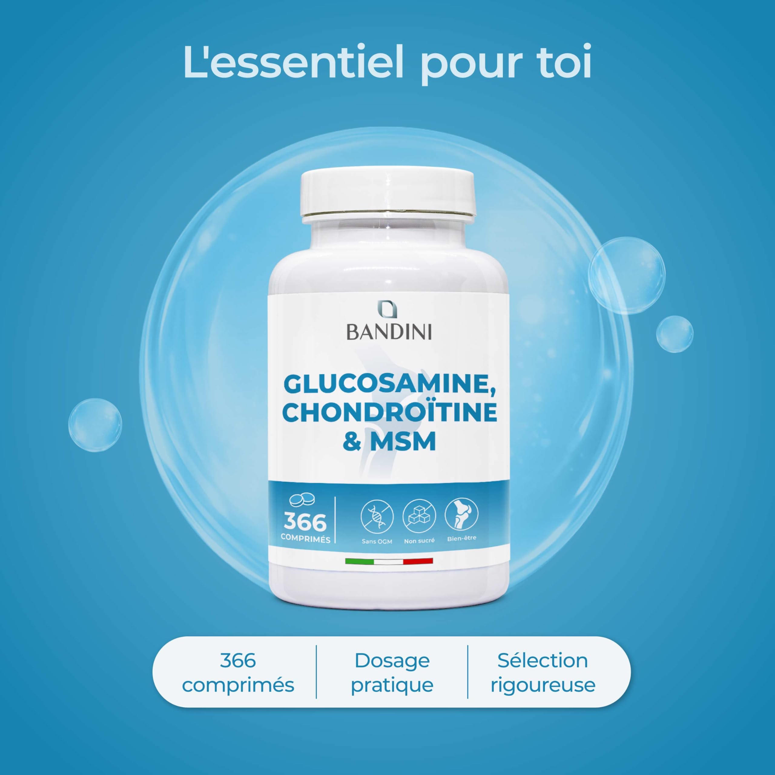 Bandini® Glucosamine Chondroïtine MSM + Vitamine C | 366 comprimés - 6 mois | Réduit inflammations des articulations, renforce le cartilage | 600mg de glucosamine, 100mg de chondroitine & MSM par dose