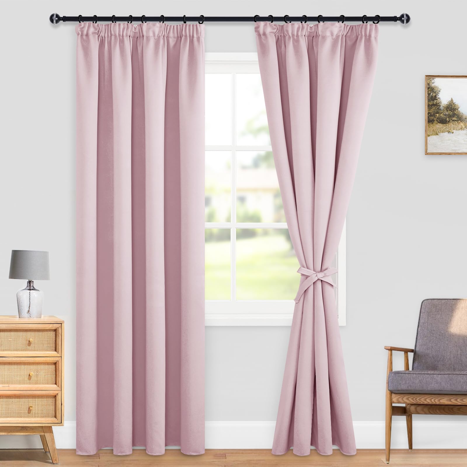 DWCN Gardinen Verdunkelungsvorhänge mit Kräuselband Thermogardine Kälteschutz mit Vorhang-Krawatten, 225x140cm(HöhexBreite), Blush Pink, 2er Set