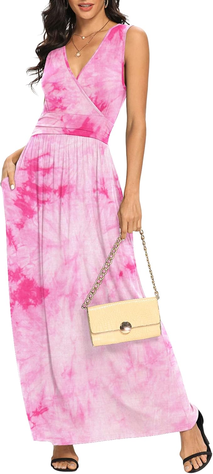 LILBETTER Women Sleeveless Deep V Neck Loose Plain Long Maxi Casual Dress