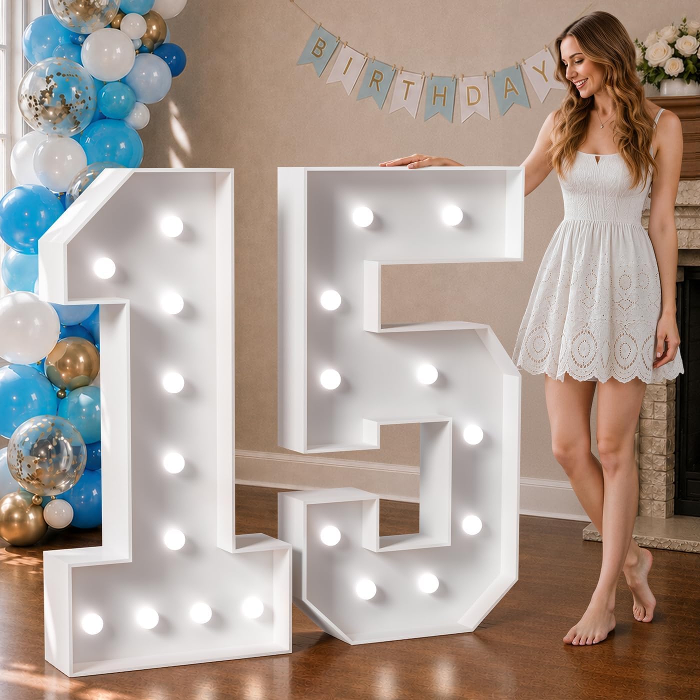 Marquee Numbers 4 Feet Tall Big Light Up Numbers 15th Happy Birthday Decorations Girl Boy White Anniversary Party Decor Large Cardboard Prop Backdrop Sign 15