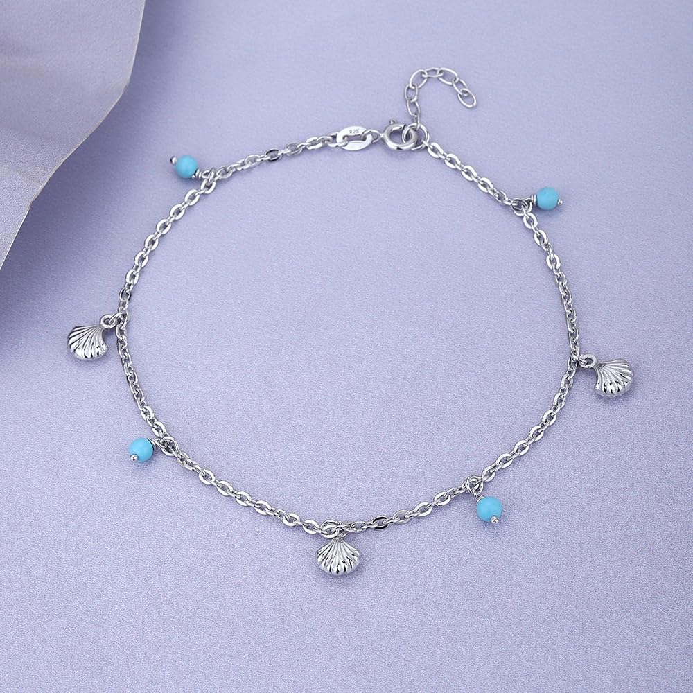 Vanbelle Sterling Silver Jewelry - Rhodium Plated 925 Stamp - Hanging Shell & Turquoise Beads Sea-Theme Anklet - Stylish Beautifully Designed for Women - 9" Long + 1" Extender