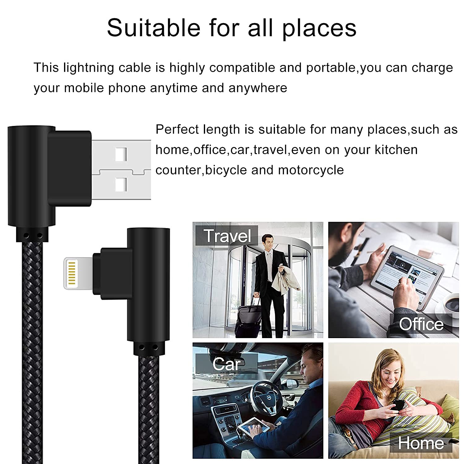 Cargador para iPhone de 3 pies con certificación MFi, paquete de 3 cables Lightning trenzados de nailon de 90 grados, cable de carga en ángulo recto para iPhone 14 13 12 11 Pro X XS XR 8 Plus 7 6