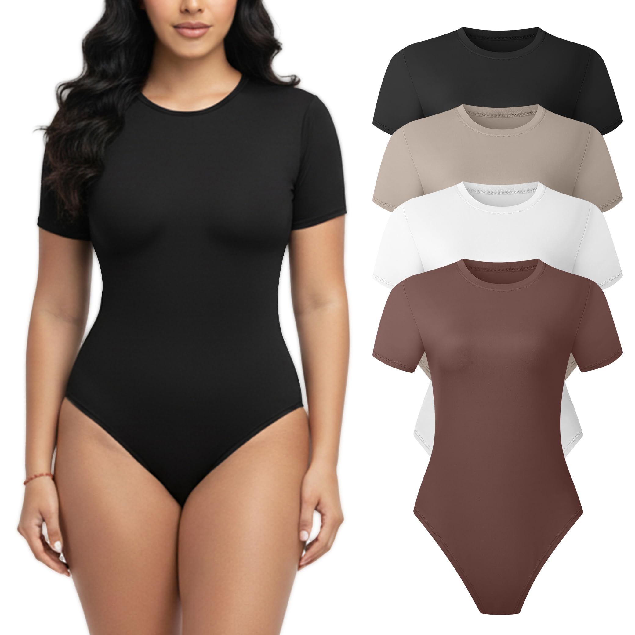 Women's Short Sleeve Bodysuit Crew Neck Stretchy Casual Basic Fitted Bodysuit T-Shirt Tops 1/4 Pack-image-31