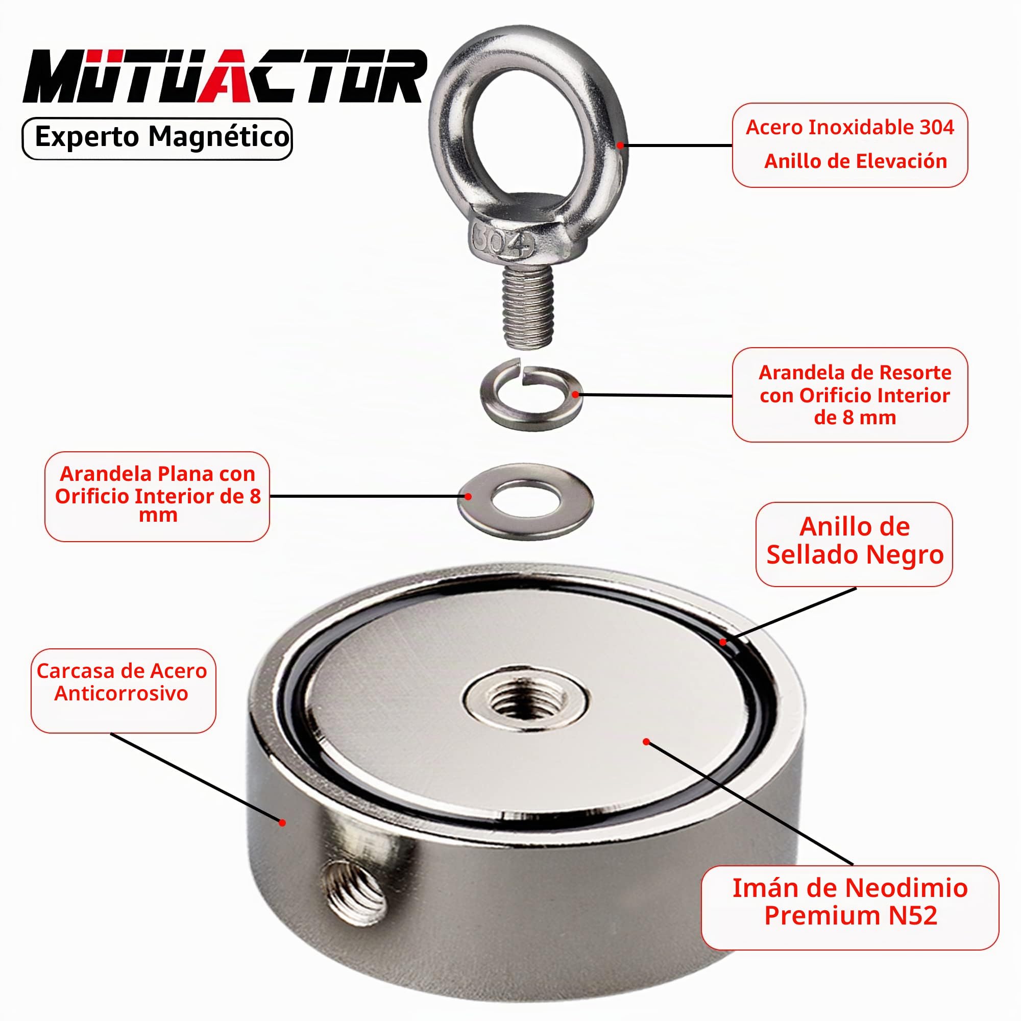 MUTUACTOR Iman de pesca neodimio N52 320 kg con cuerda 20 m para recuperacion magnetica