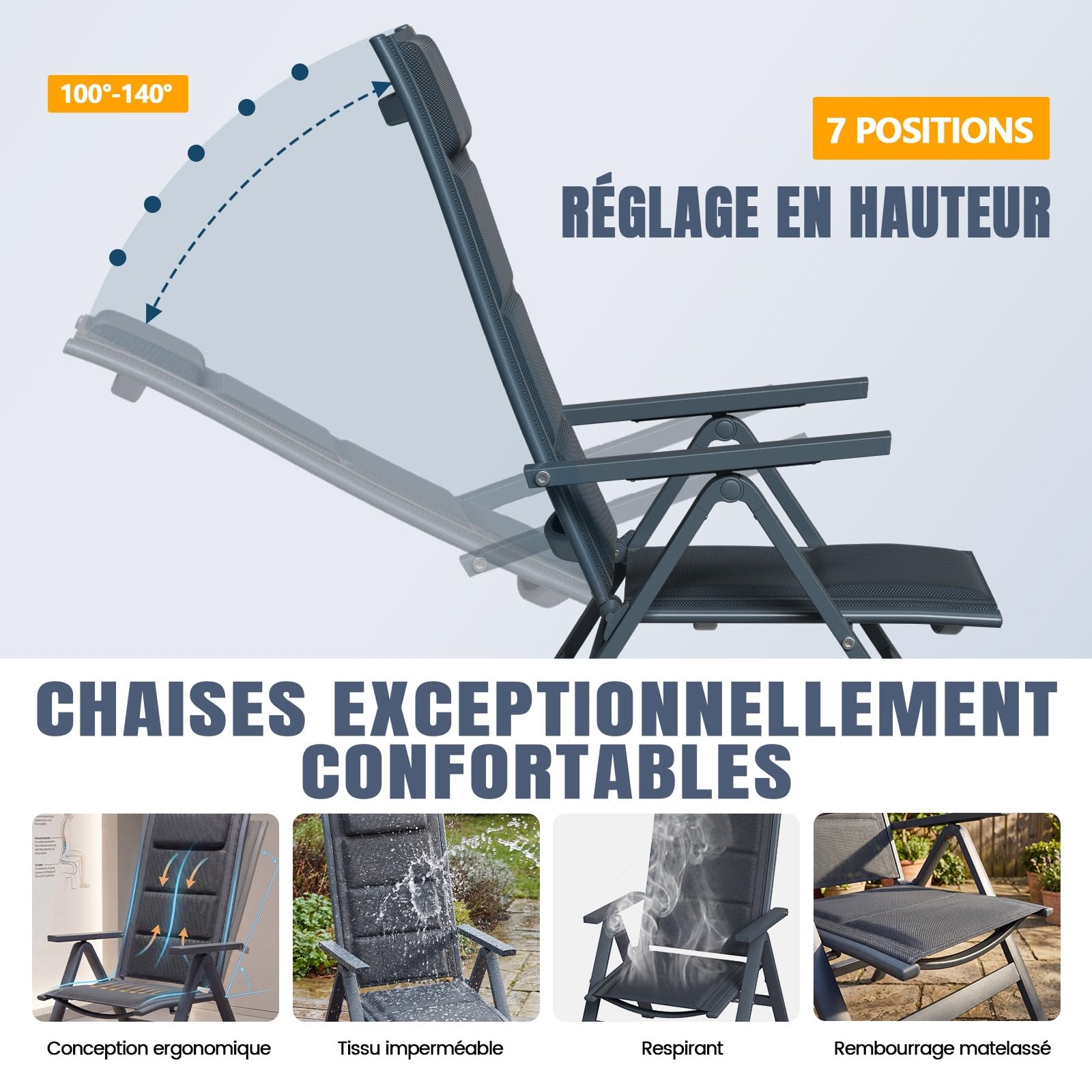 Devoko Lot de 2 Chaises de Jardin Pliantes Aluminium - Fauteuil de Jardin Exterieur Réglables sur 7 Positions, Portable Chaise à Dossier Haut Adapté à Toutes Tables pour Jardin, Terrasse, Piscine