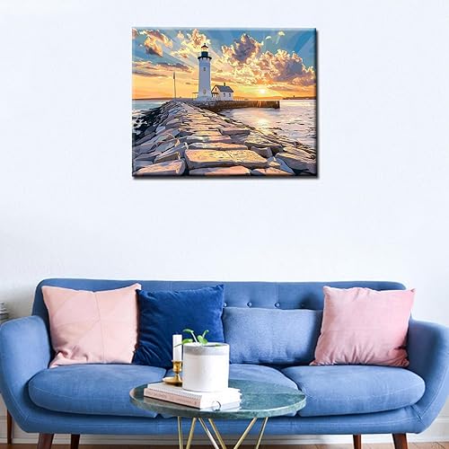 Miniatura 31 de Kit de pintura de luz por números con pinceles, pintura al óleo acrílica de roca junto al mar pacífica para adultos y niños, imágenes de paisajes