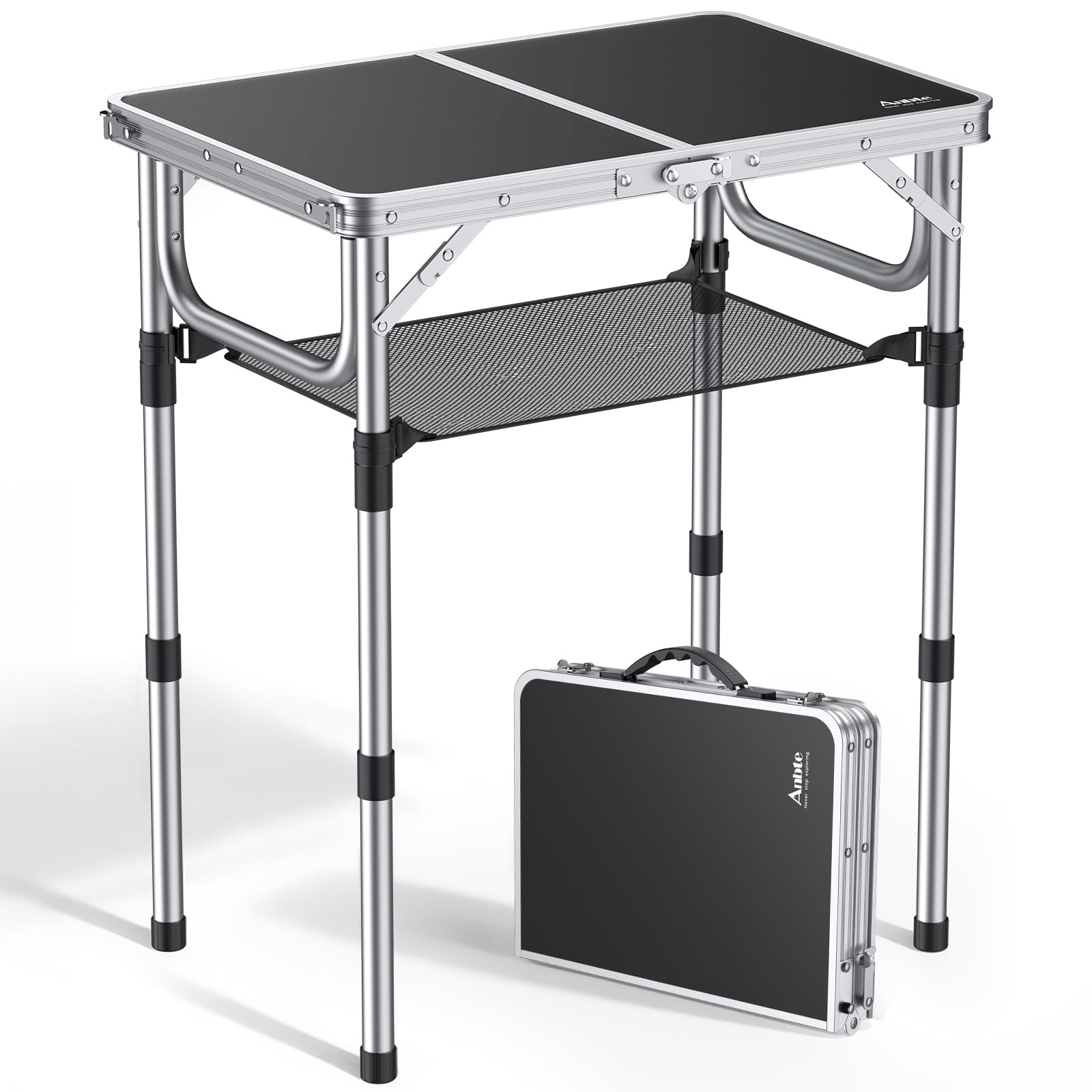 Anbte Folding Camping Table, Aluminum 24" x 16" Adjustable Height Small Folding Table with Carrying Handle, Lightweight, Portable Camping Table Waterproof for Outdoor Indoor Picnic Beach BBQ (Black)