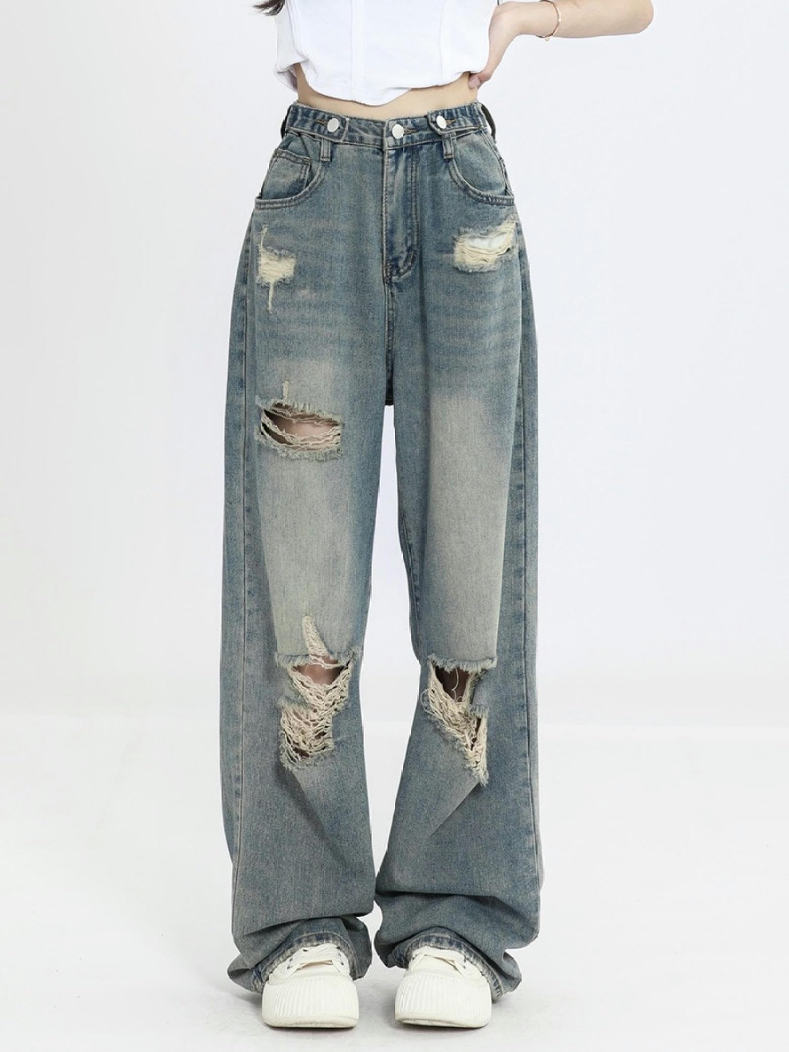 Amerikanischen Retro Vibe Stile Zerrissene Jeans Frauen Herbst Hohe Taille Gerade Lose High Street Breite Bein Demin Hosen Y2K Streetwear